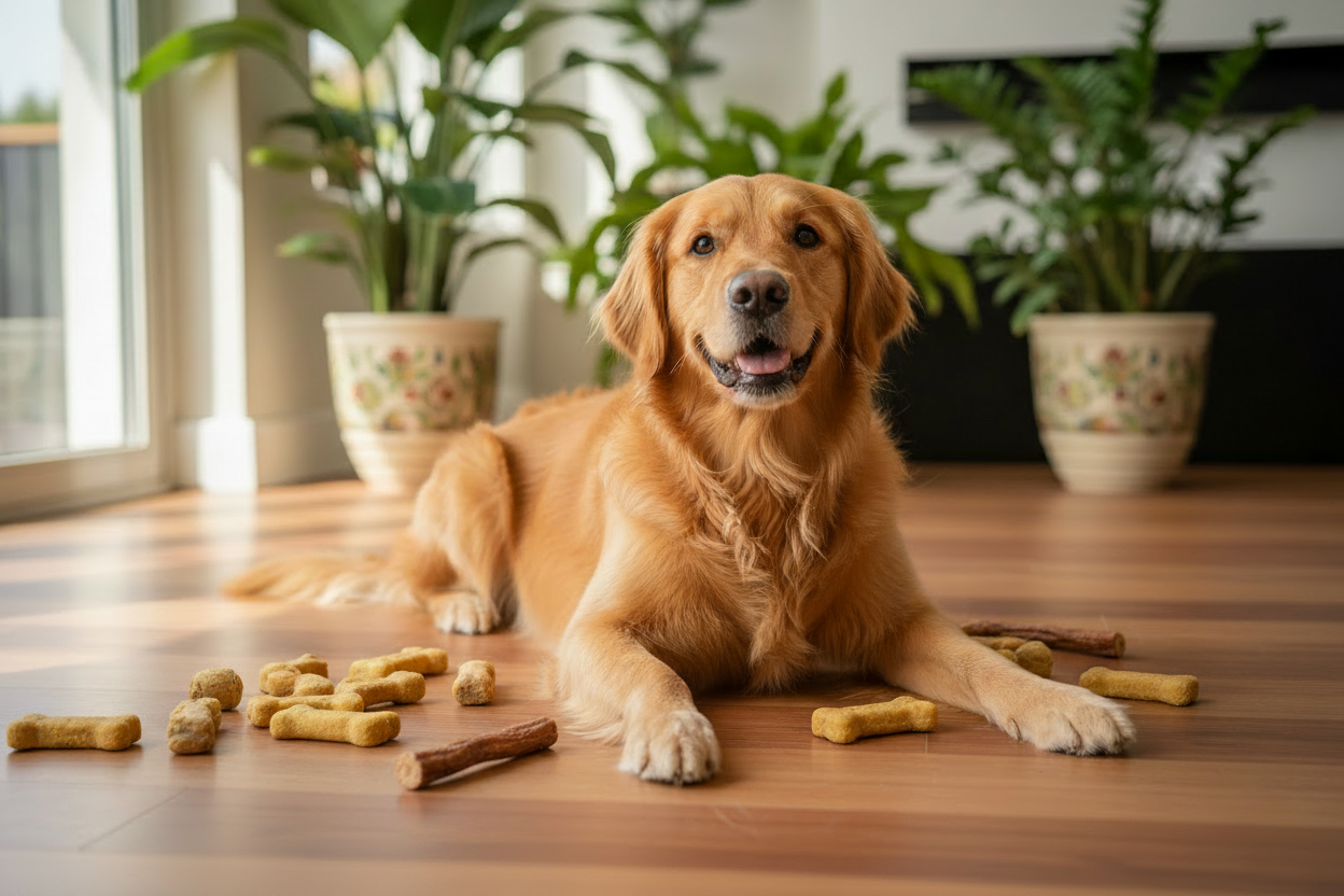 Golden retriever lying on a warm wooden floor surrounded by natural bone-shaped biscuits and chew sticks — Barks & Bunnies Natural Dog Treats & Chews