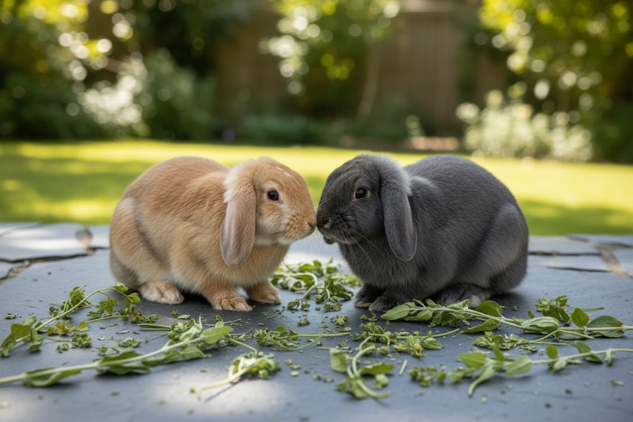 Two lop-eared rabbits nose to nose surrounded by scattered dried herbs in a natural garden setting