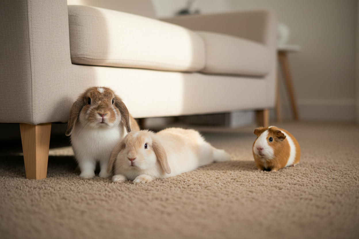 wo lop-eared rabbits and a guinea pig relaxing on warm carpet beside a pale linen sofa, soft natural light, cosy home setting