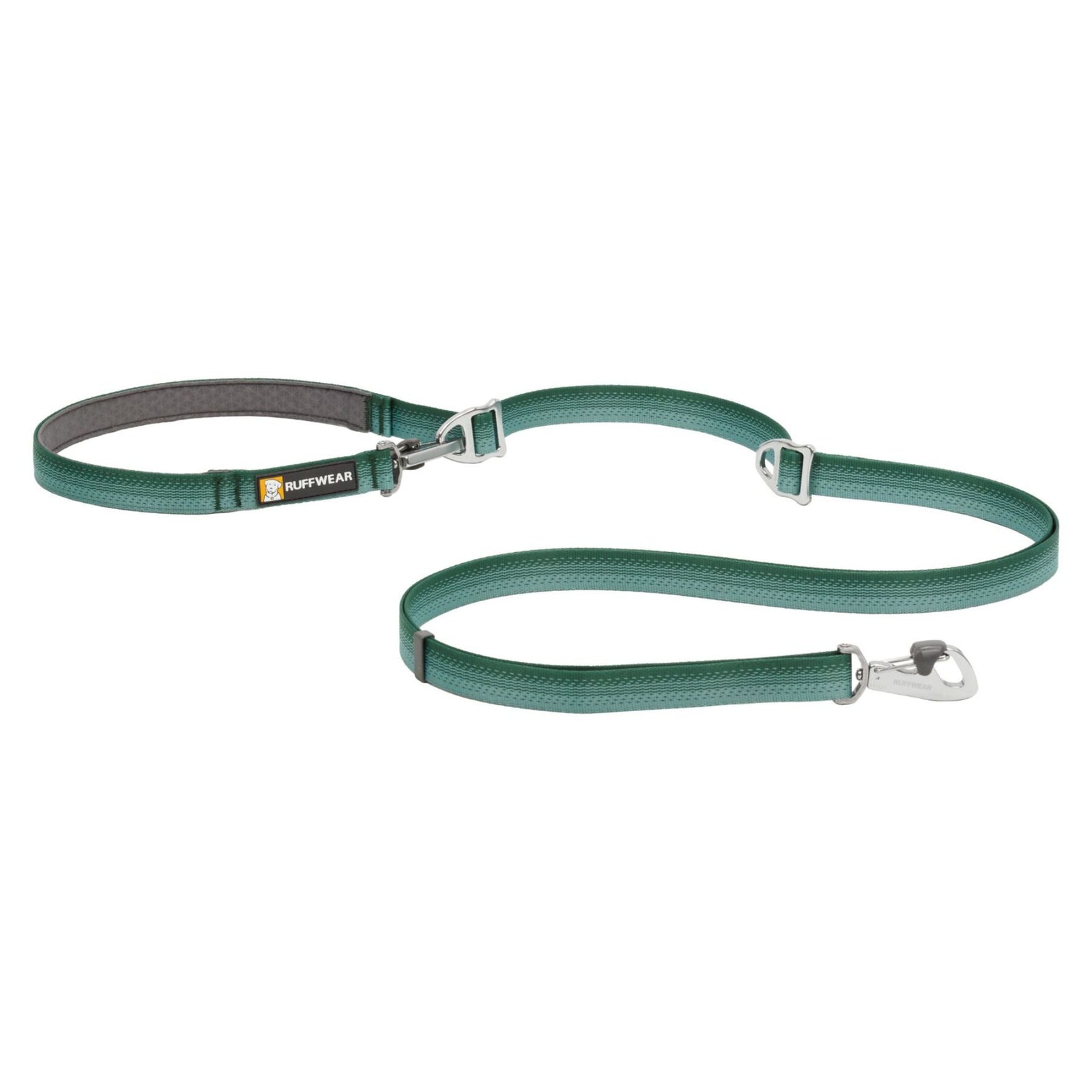 Ruffwear Switchbak Double-Ended Dog Lead in River Rock Green - full lead layout showing both Crux Clips and V-ring sliders