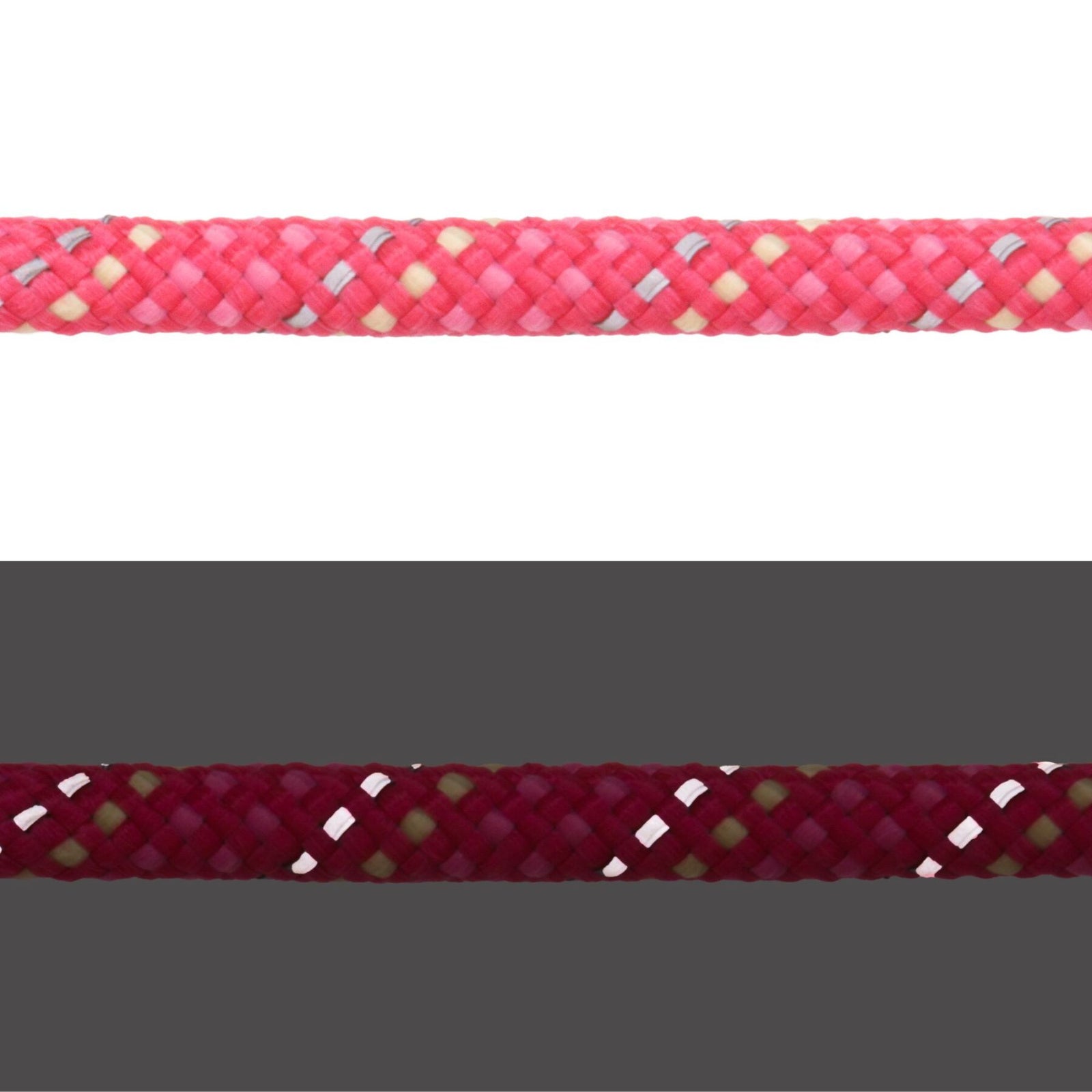 Close-up of Ruffwear Knot-a-Collar rope in Fireweed Pink showing kernmantle weave and reflective thread, light and dark comparison