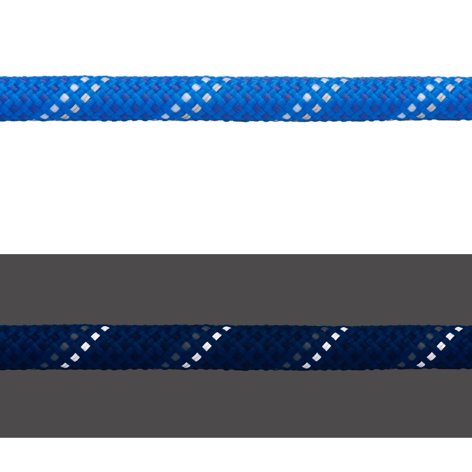 Close-up of the Ruffwear Knot-a-Long rope in Blue Pool showing the kernmantle weave in daylight (top) and reflective threads illuminated in low light (bottom)