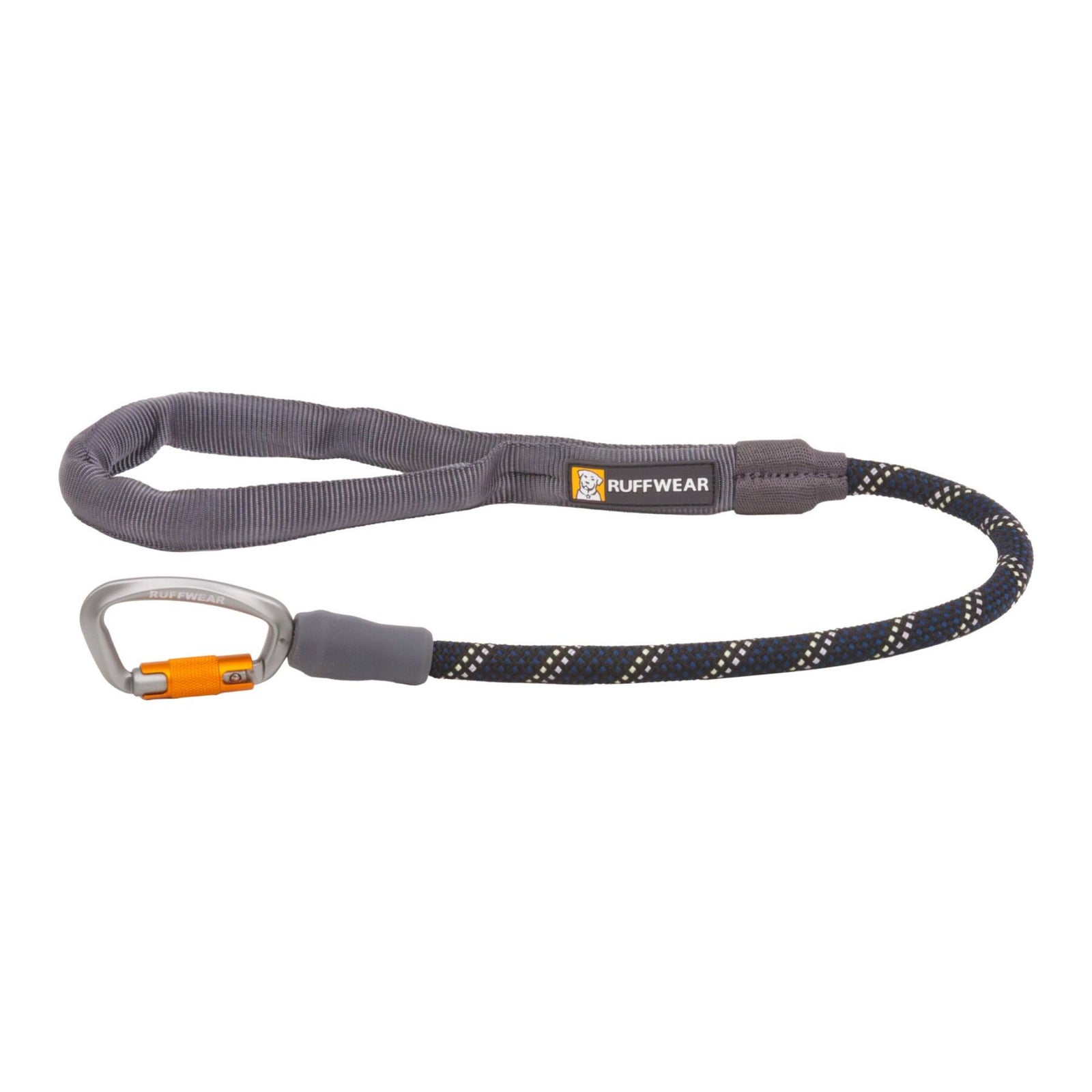 Close-up of the Ruffwear Knot-a-Long rope in Obsidian Black showing the kernmantle weave in daylight (top) and reflective threads illuminated in low light (bottom)