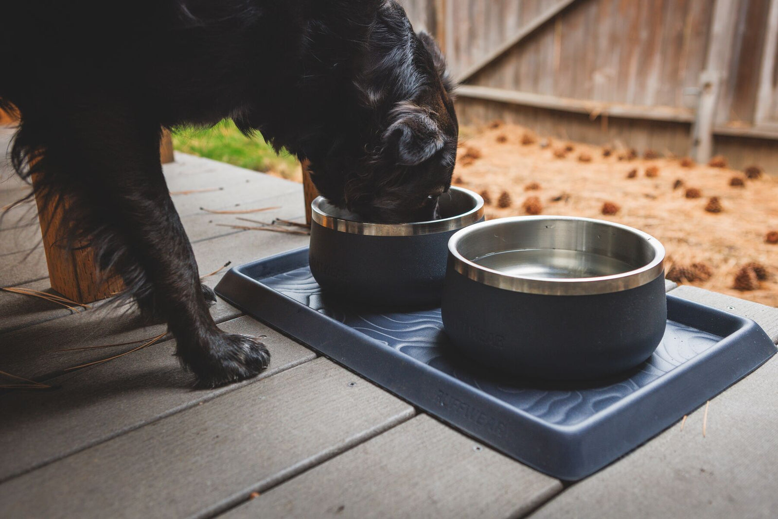 Dog eating from a bowl on a Ruffwear Basecamp Mat outdoors