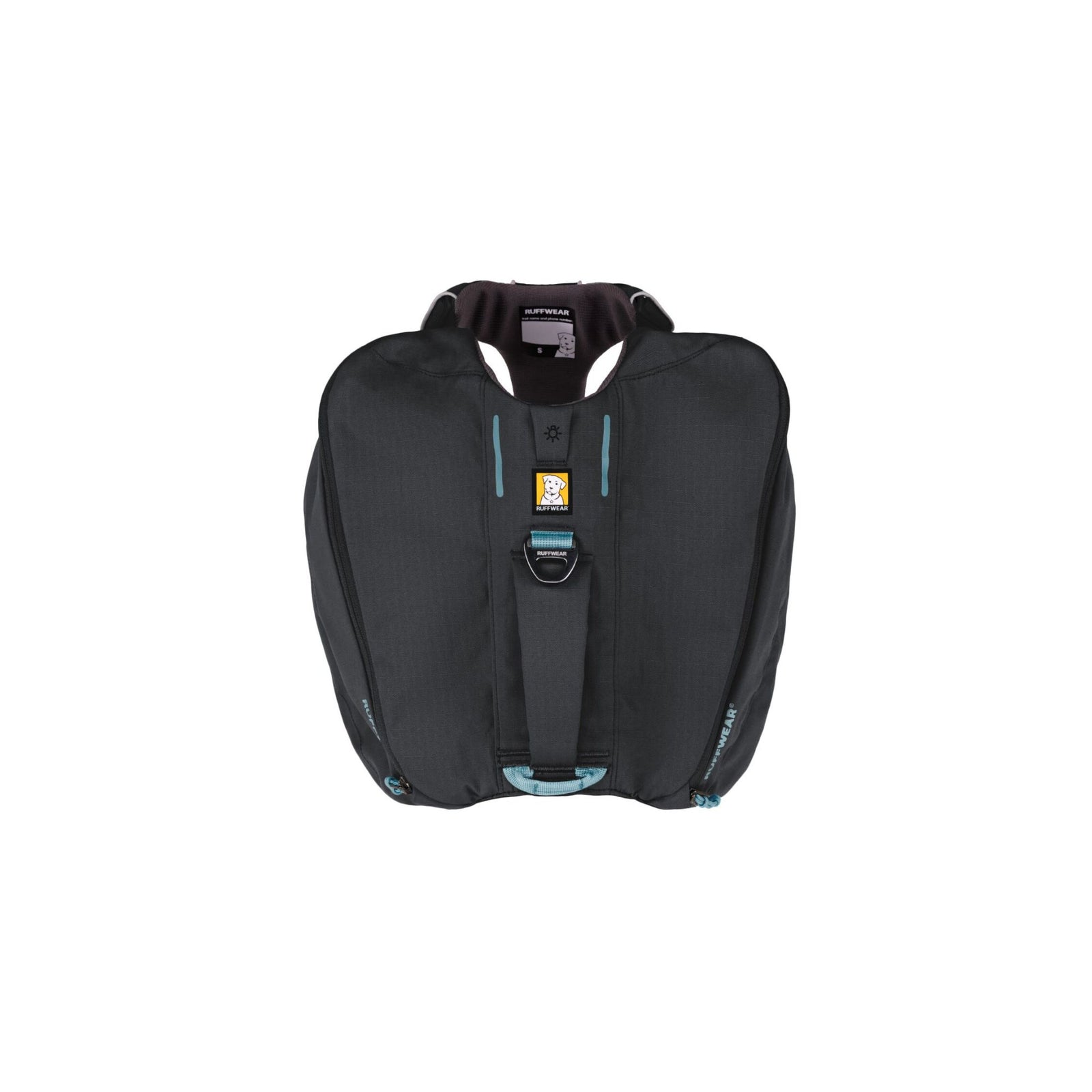 Ruffwear Front Range Day Pack in Basalt Grey, top-down view on white background showing the saddlebags, padded spine, chest harness panel, and V-ring leash attachment point.