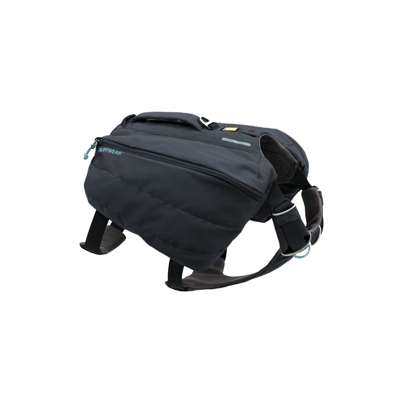Ruffwear Front Range Day Pack in Basalt Grey, three-quarter view on white background showing the saddlebags, zip closure, padded handle, and belly strap with V-ring attachment.
