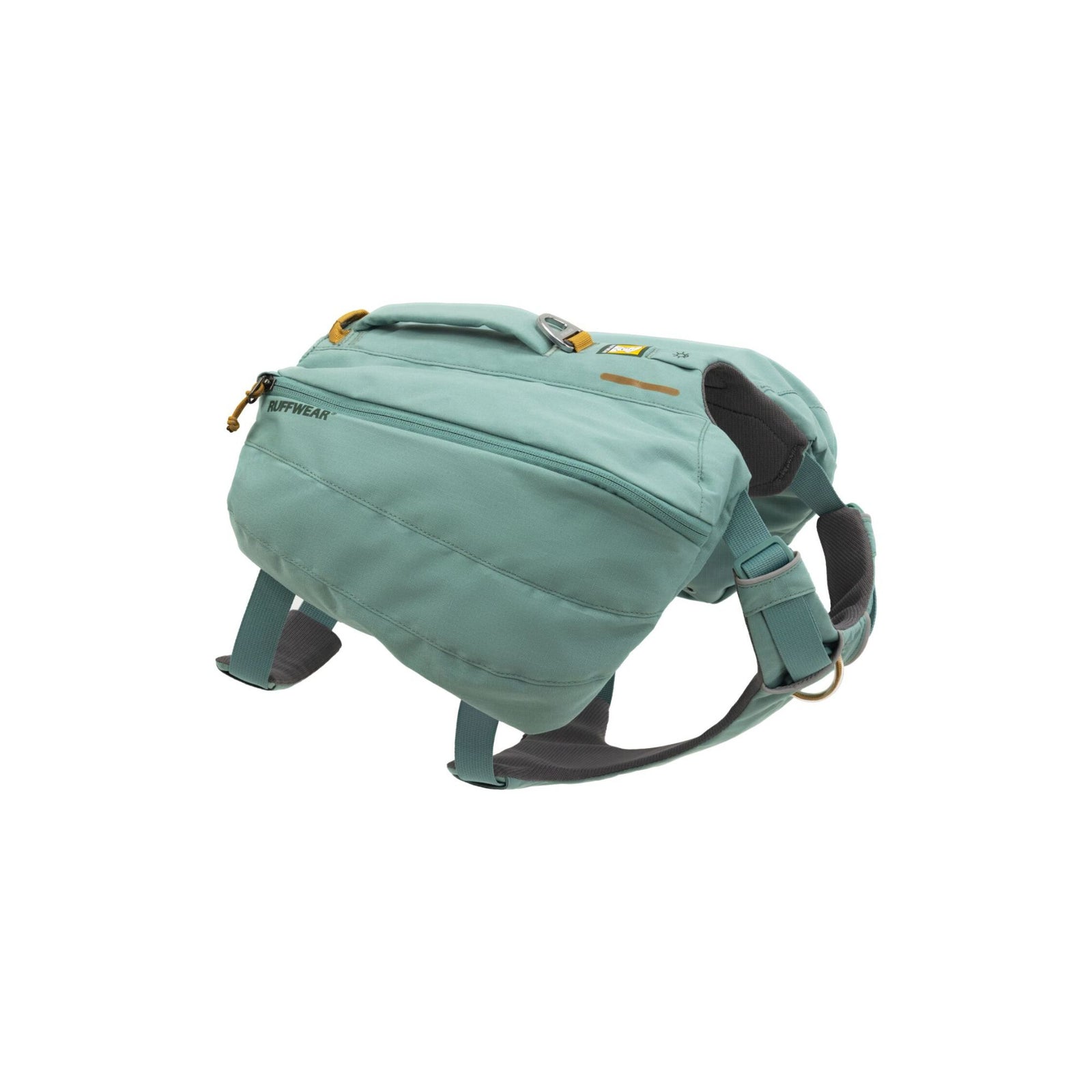 Ruffwear Front Range Day Pack in River Rock Green, three-quarter view on white background showing the saddlebags, zip closure, padded handle, and belly strap with V-ring attachment.