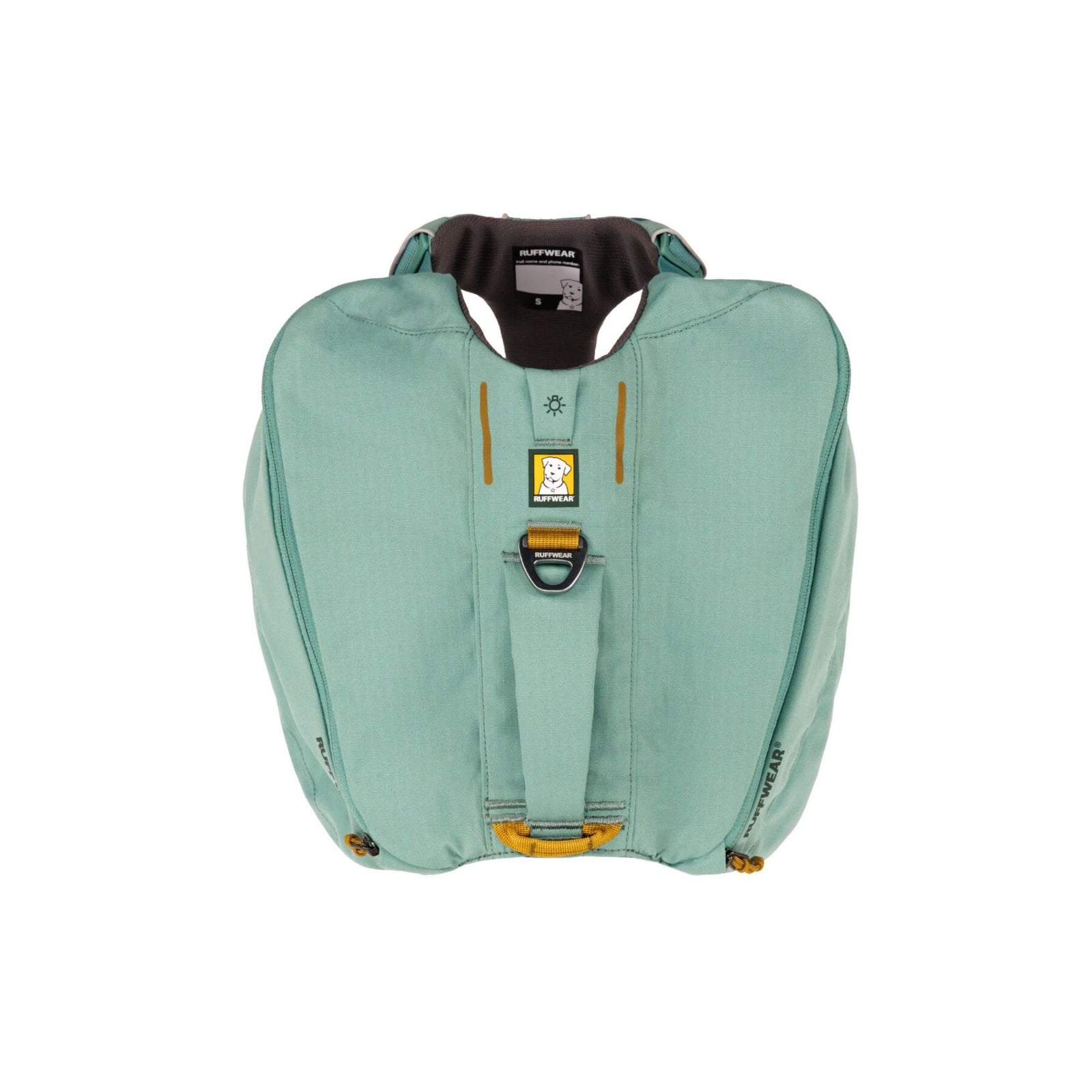 Ruffwear Front Range Day Pack in River Rock Green, top-down view on white background showing the saddlebags, padded spine, chest harness panel, and V-ring leash attachment point.