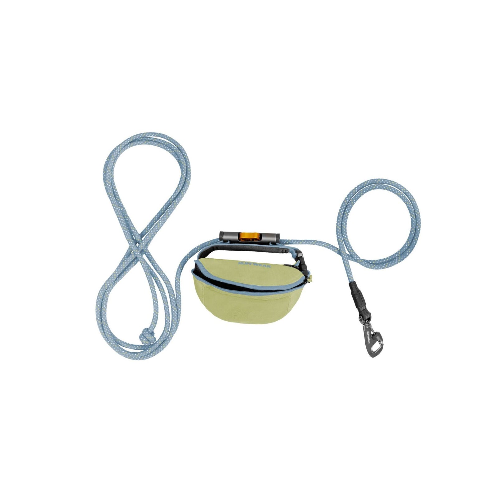 Ruffwear Hitch Hiker Dog Lead in Sunny Lime with the full kernmantle rope laid out in a figure-of-eight on a white background