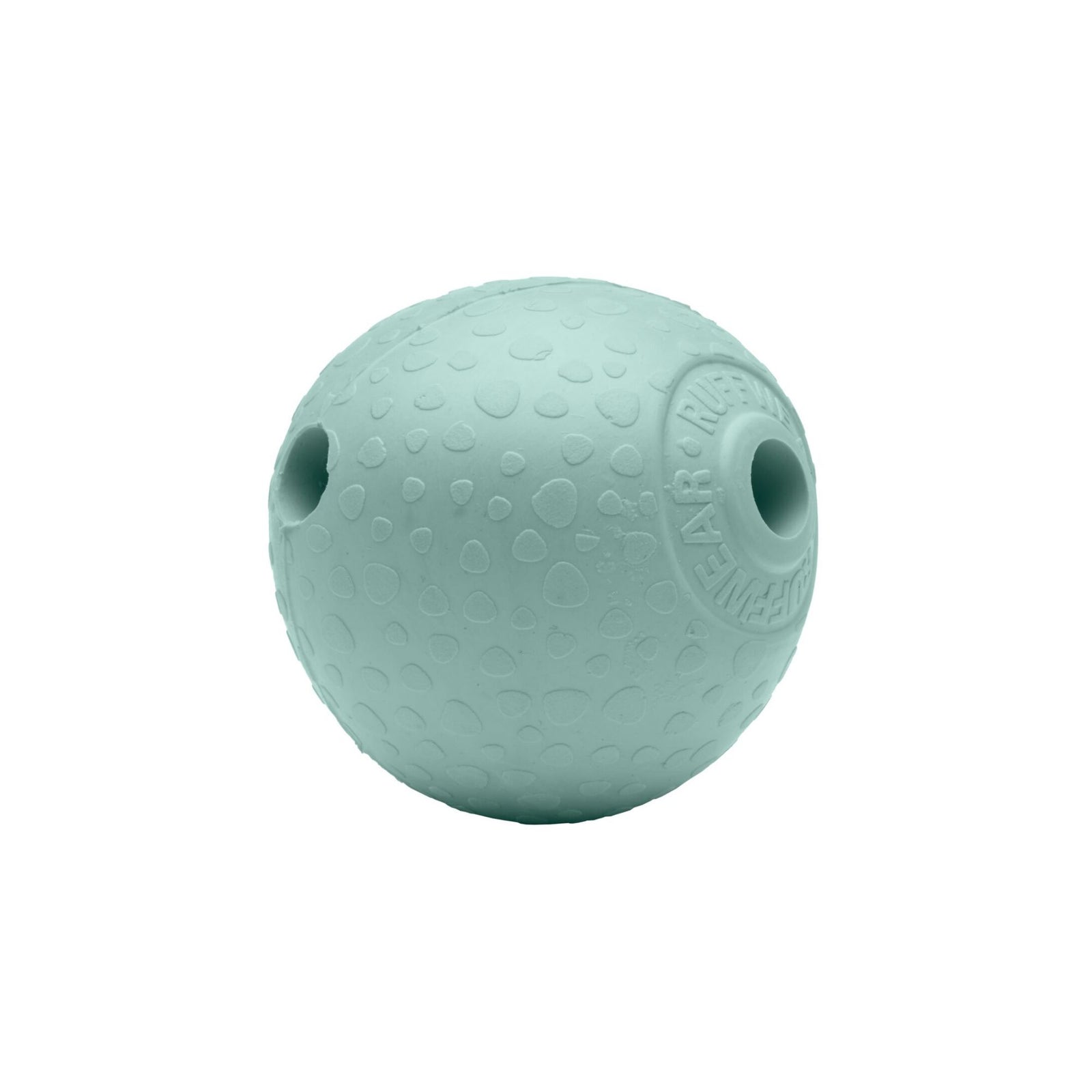 Ruffwear Huckama dog toy in Sage Green natural rubber, rounded shape with whistle holes and embossed Ruffwear logo, on white background
