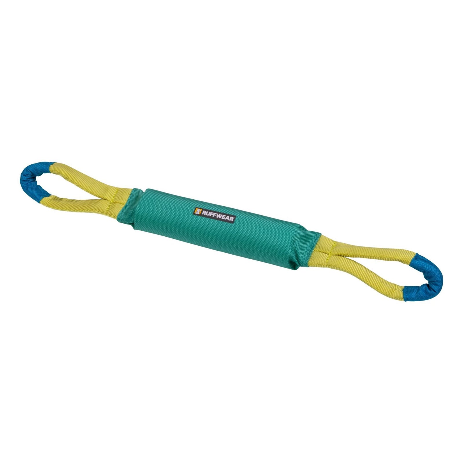 Ruffwear Pacific Loop tug toy in Aurora Teal - long teal body with yellow webbing handles and blue loop ends, Ruffwear badge at centre, on white background