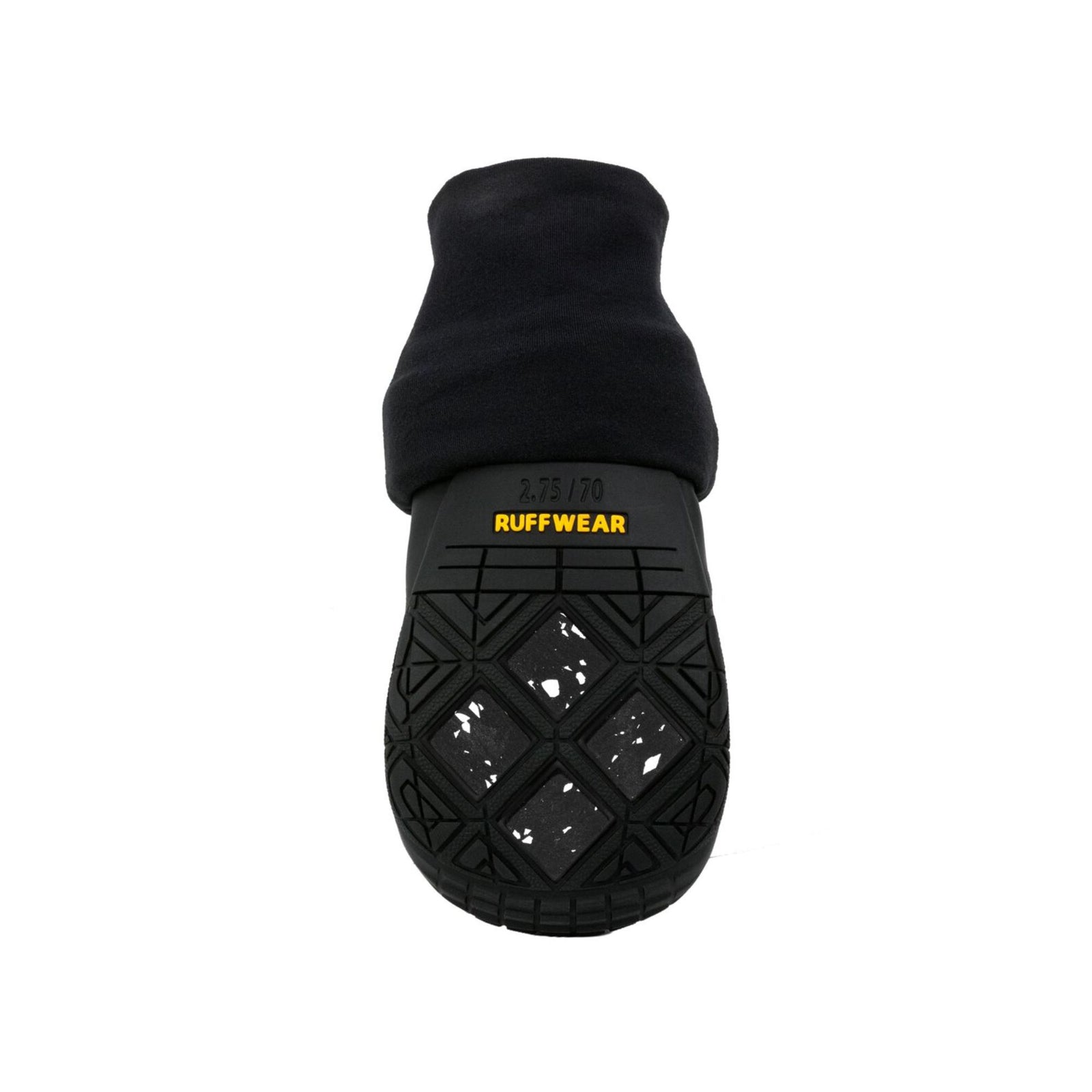 Ruffwear Polar Trex Winter Dog Boot on white background, sole view showing glass fiber winter lug pattern and rubber outsole with Ruffwear branding