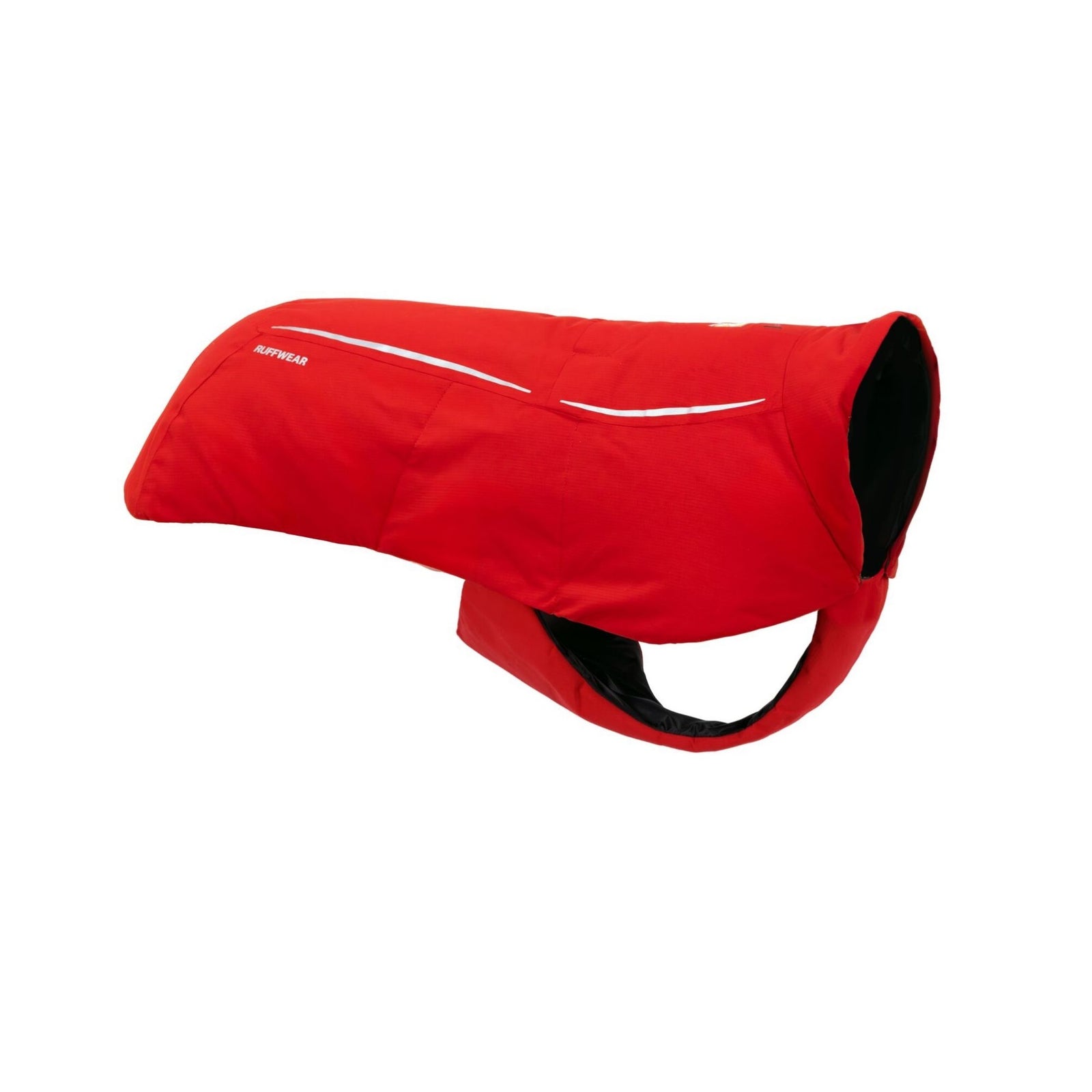 Ruffwear Powder Hound Waterproof Insulated Vest in Red Currant - a bold, vivid red dog vest with a sleeveless silhouette, stretch leg loop, and reflective stripe detail. Shown without a dog to highlight the vest's shape and extended hip and thigh coverage.