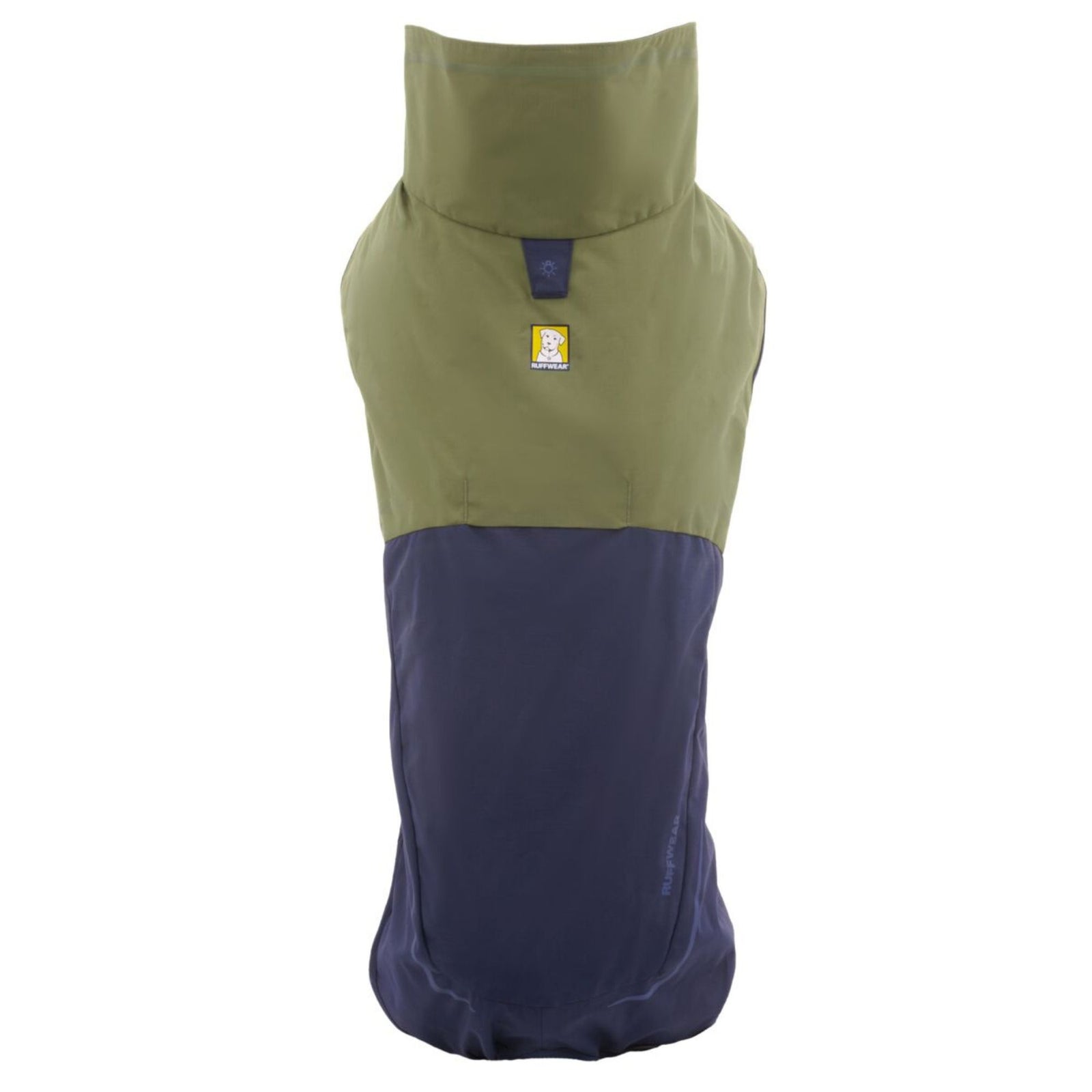 Ruffwear Sun Shower Coverall overhead view showing two-tone olive and navy panelling