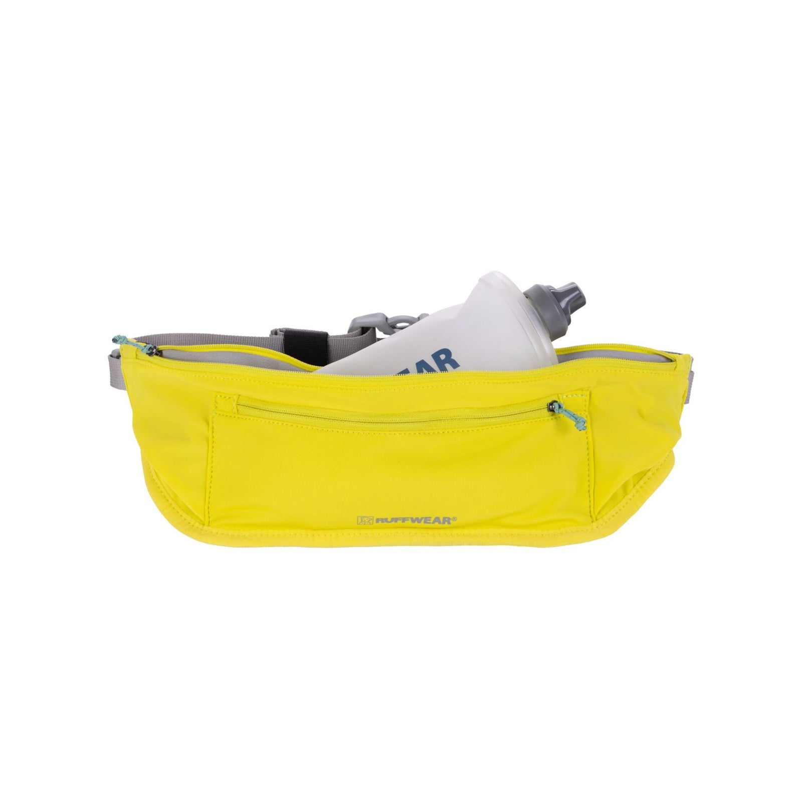 Ruffwear Trail Runner Belt in Lichen Green loaded with a soft flask and additional items in the open main pocket, against a white background showing the stretch capacity of the zippered storage