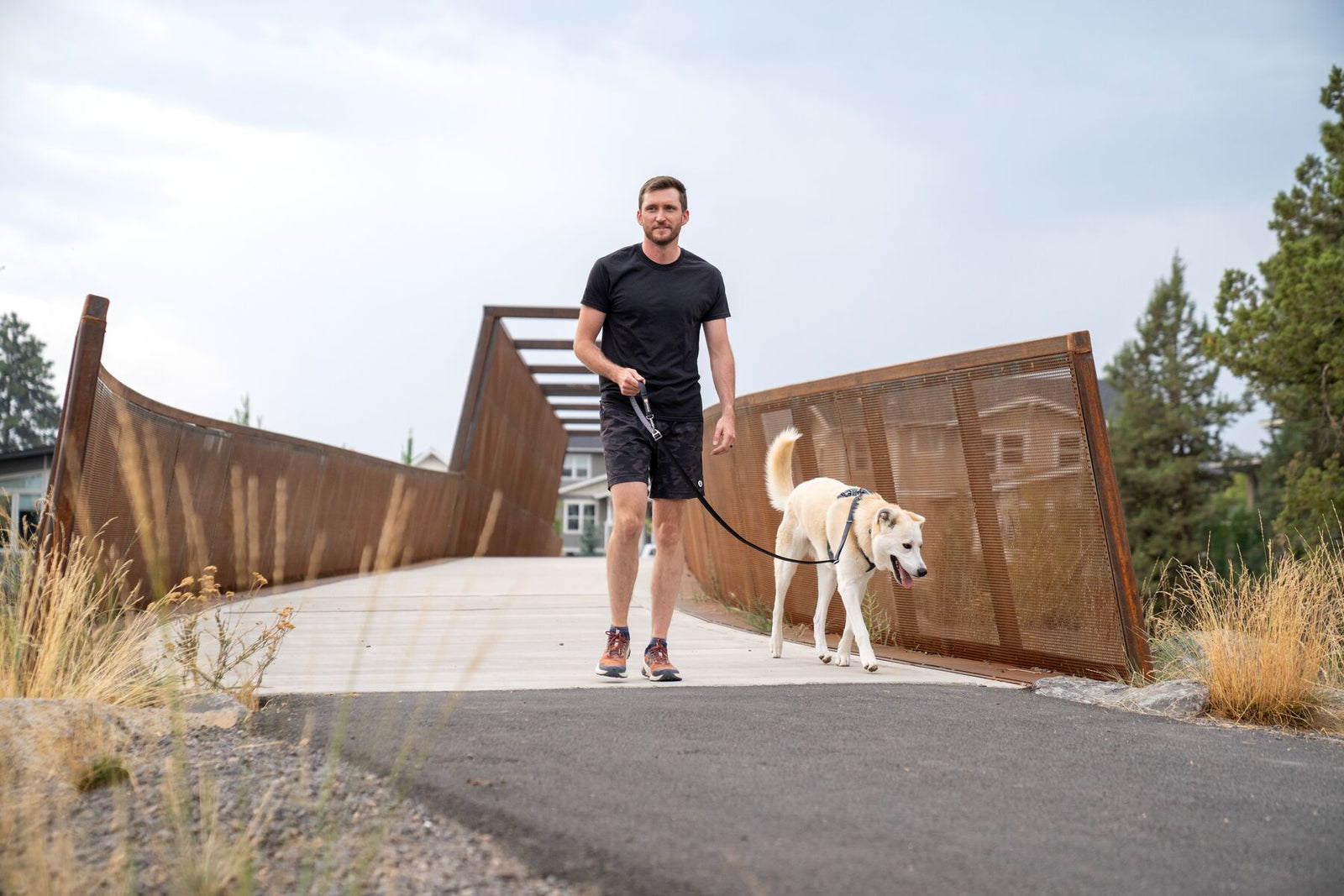 Man walking two white dogs on trail using Ruffwear Switchbak Double-Ended Dog Lead