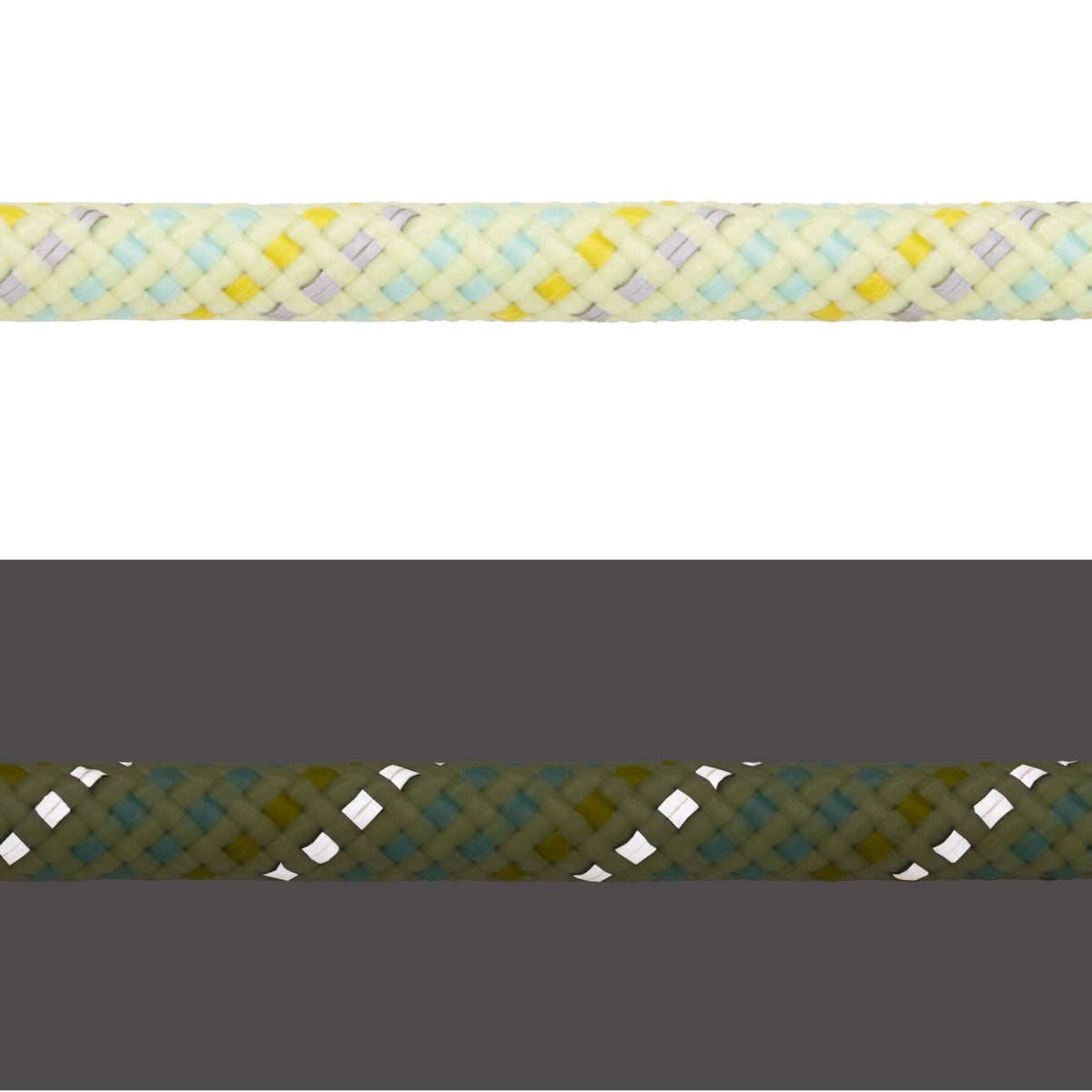 Close-up of Ruffwear Knot-a-Collar rope in Moss Green showing kernmantle weave and reflective thread, light and dark comparison