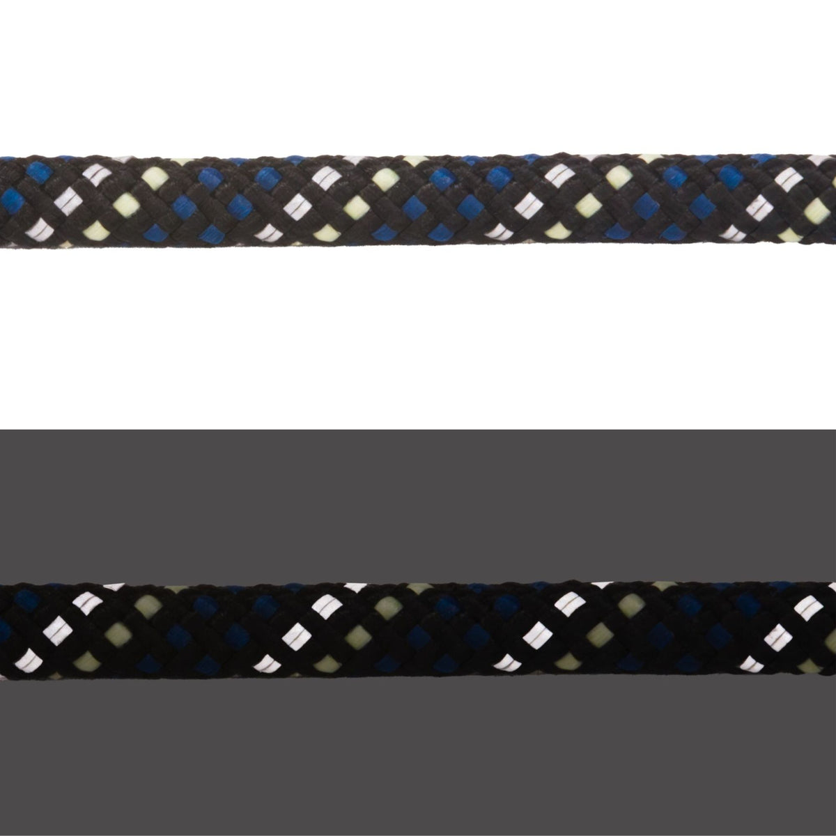 Close-up of Ruffwear Knot-a-Collar rope in Obsidian Black showing kernmantle weave and reflective thread, light and dark comparison