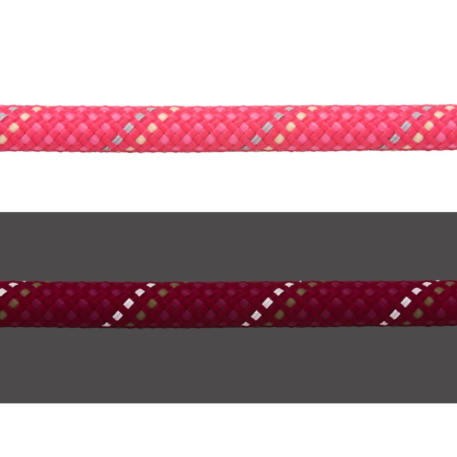 Close-up of the Ruffwear Knot-a-Long rope in Fireweed Pink showing the kernmantle weave in daylight (top) and reflective threads illuminated in low light (bottom)