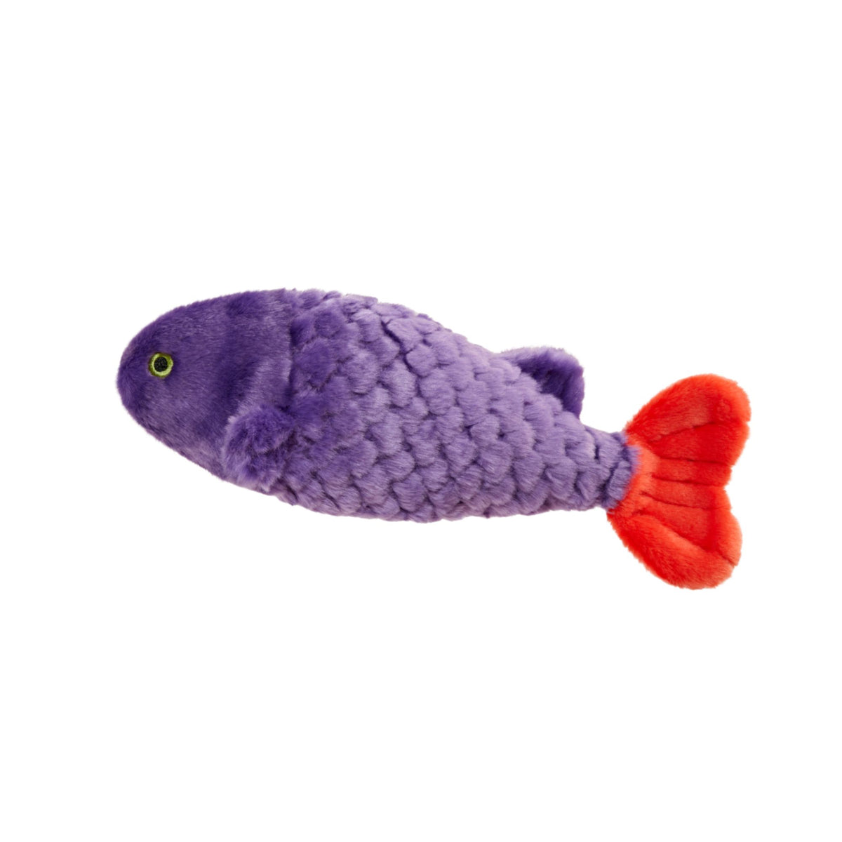 Fluff &amp; Tuff Cici Tropical Fish plush dog toy - violet purple body with coral orange tail fin and yellow embroidered eye, on white background