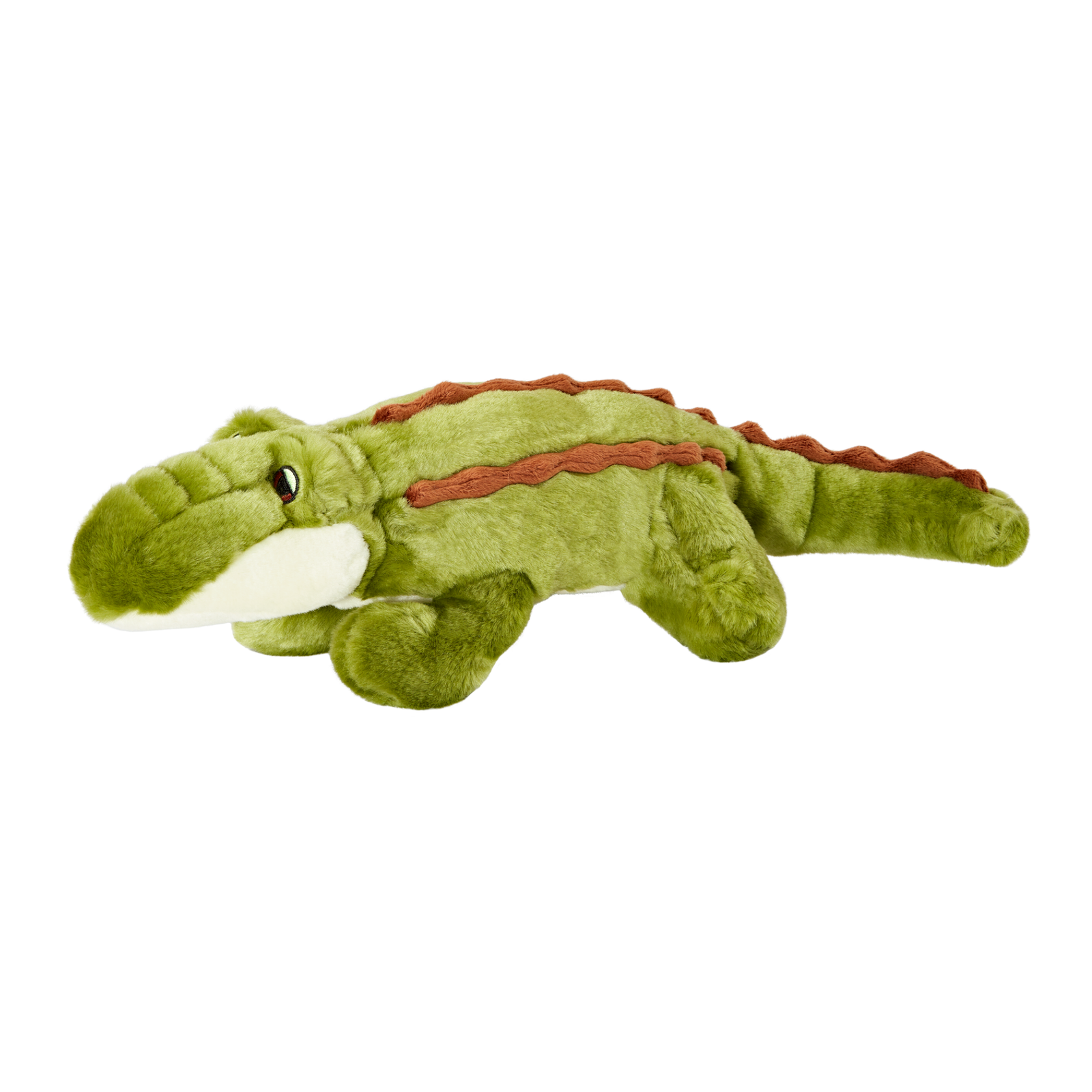 Fluff & Tuff Georgia Gator plush dog toy - green alligator with rust orange scale detail, cream belly and embroidered eyes, seen from above