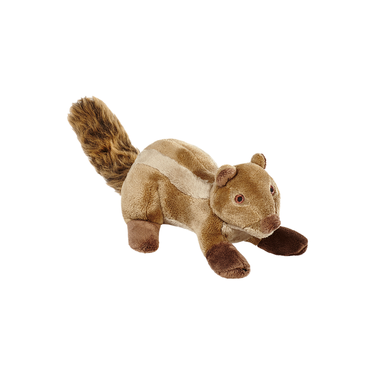 Fluff &amp; Tuff Peanut Chipmunk plush dog toy - sandy brown chipmunk with striped back, fluffy tail and dark paws