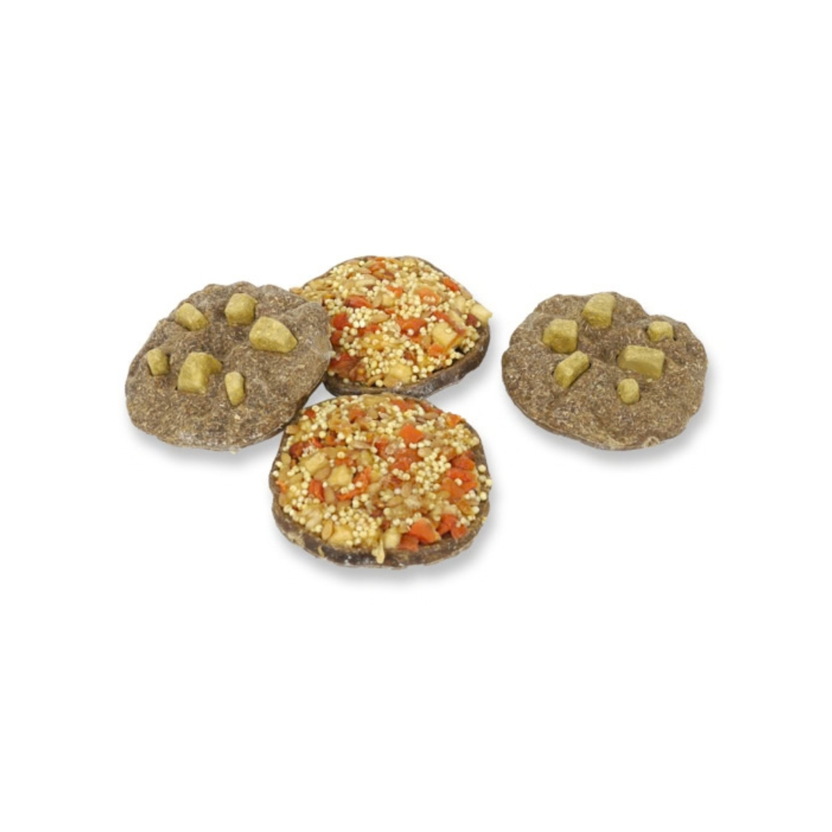 Four Rosewood Veggie Burst Crunchy Cookies arranged on a white background, showing two distinct textures - darker cookies flecked with orange carrot and millet seeds, and lighter golden cookies topped with chunky apple pieces.