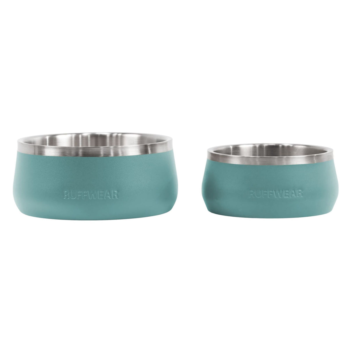 Ruffwear Basecamp Bowl Small and Medium in River Rock Green, nested together on white