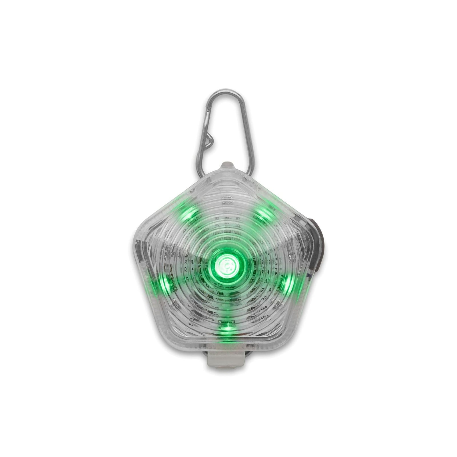 Ruffwear Beacon dog safety light illuminated in green, against a white background showing the full-body glow through the translucent pentagonal shell, stainless steel Quick Clip, and LED pattern radiating from the central lens