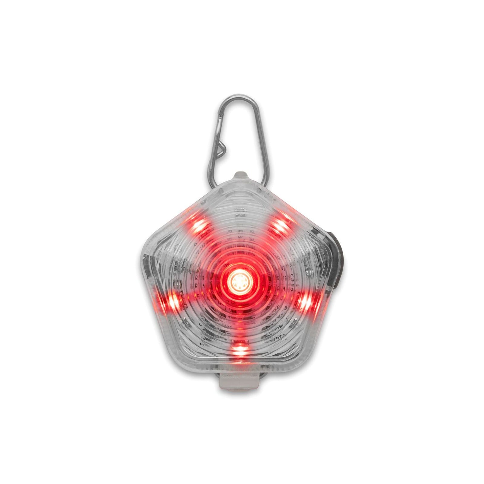Ruffwear Beacon dog safety light in Clear Lake, unlit, against a white background showing the translucent polycarbonate pentagonal shell, concentric ring lens detail, stainless steel Quick Clip, and USB charging port at the base