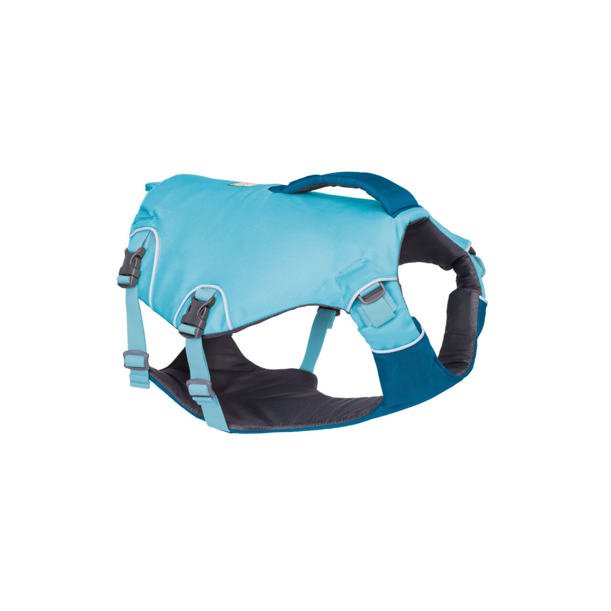 Ruffwear Confluence dog life jacket in Biolumin Blue, three-quarter view on white, showing harness-style construction, low-profile handle, and six-point adjustment webbing.