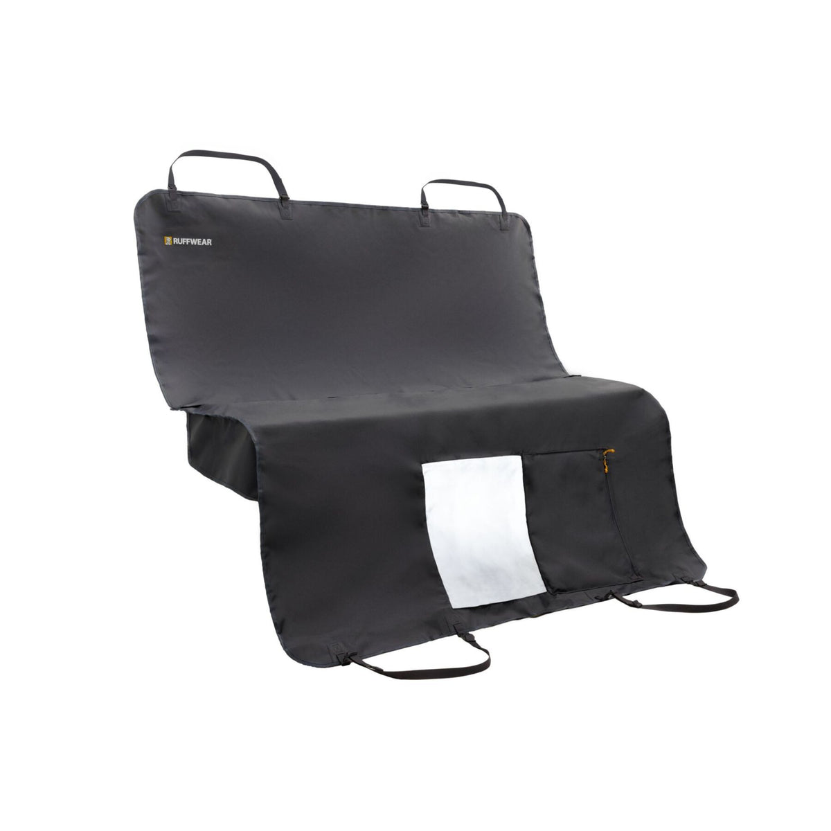 Ruffwear Dirtbag Seat Cover in Basalt Gray on a white background, shown laid flat in bench configuration with headrest straps extended, mesh window and seatbelt zip access point visible at front
