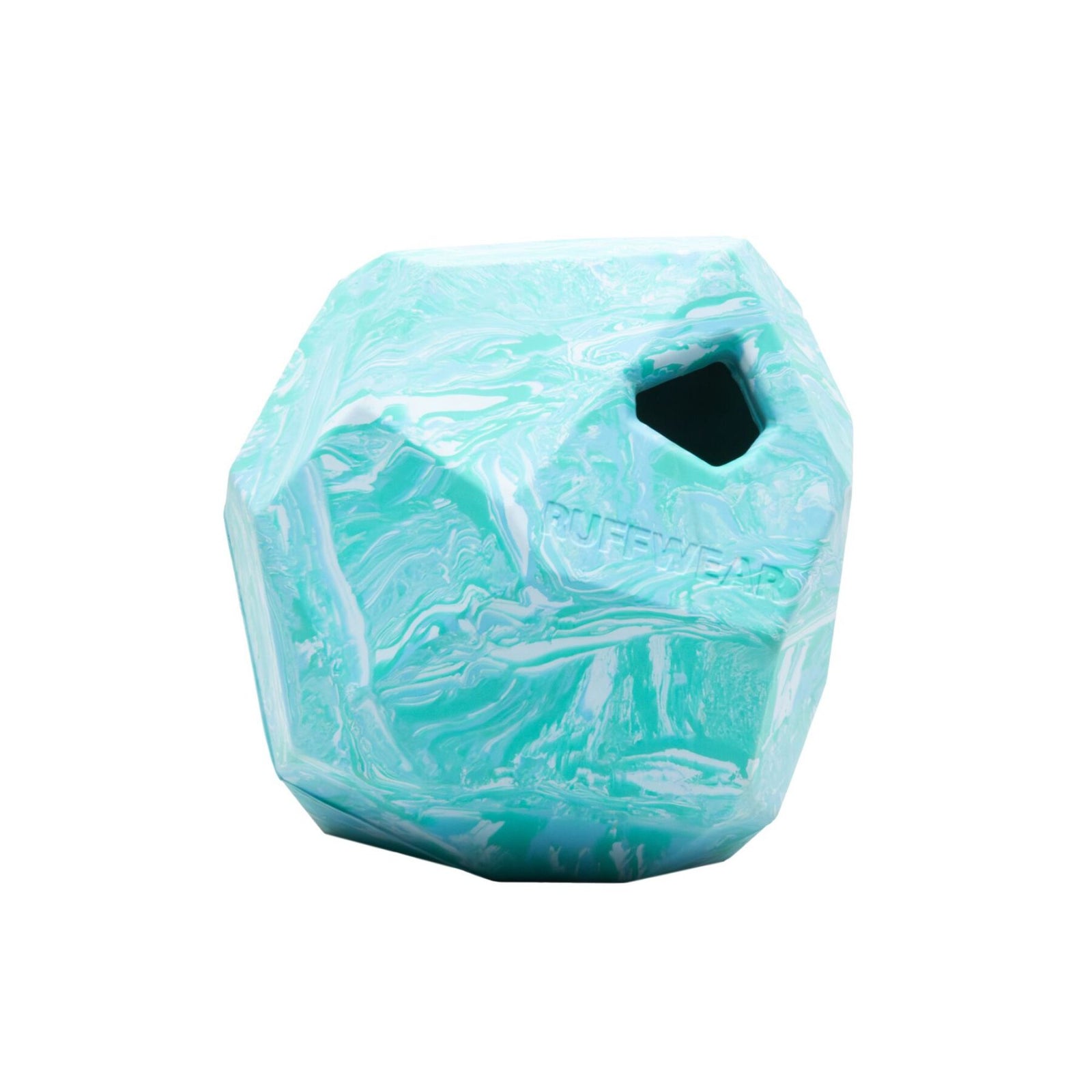 Ruffwear Gnawt-a-Rock dog puzzle feeder toy in Glacial Blue on a white background, with kibble pieces scattered in front showing the treat-dispensing slots