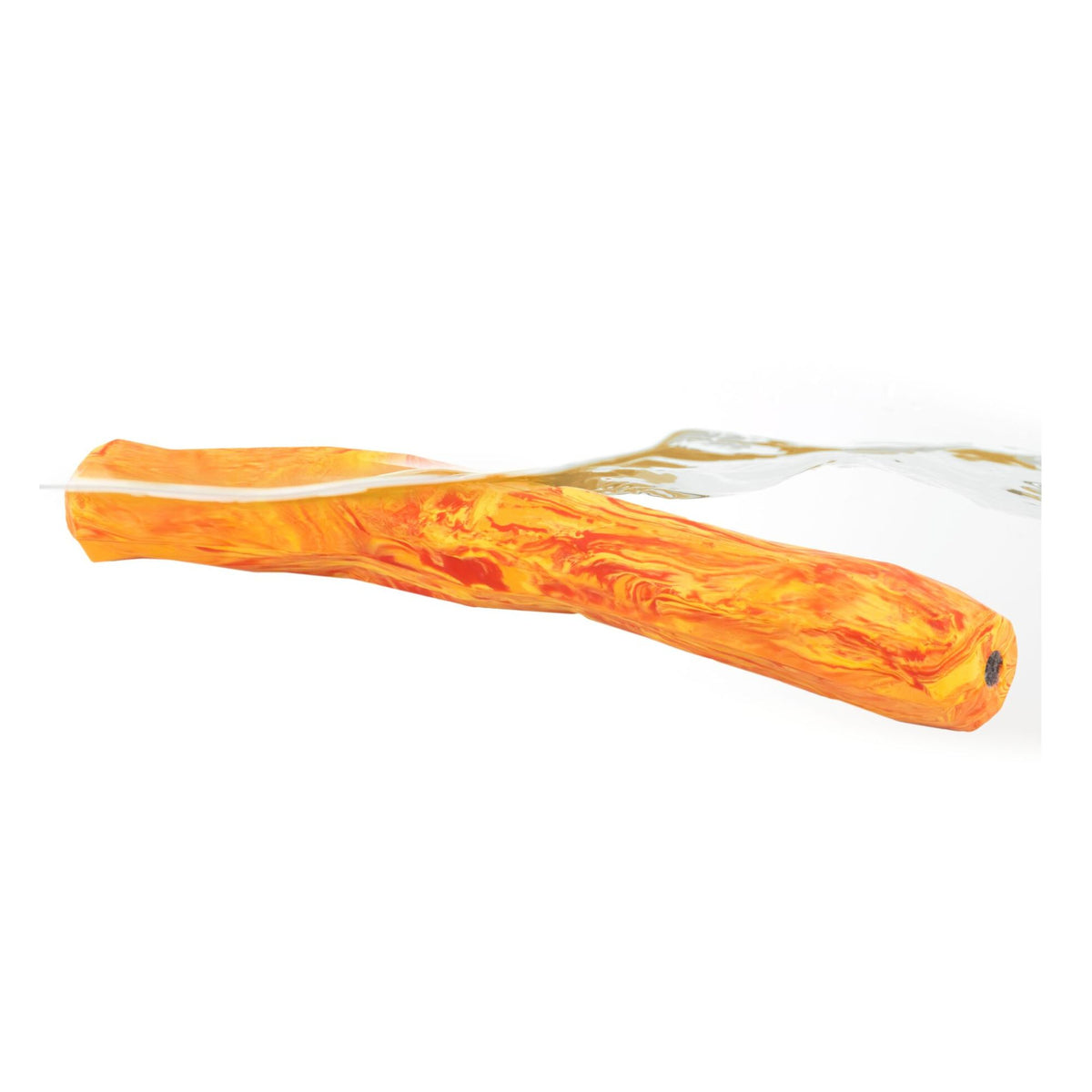 Ruffwear Gnawt-a-Stick dog fetch toy in Salamander Orange floating at the water's surface, showing the buoyant foam core in action
