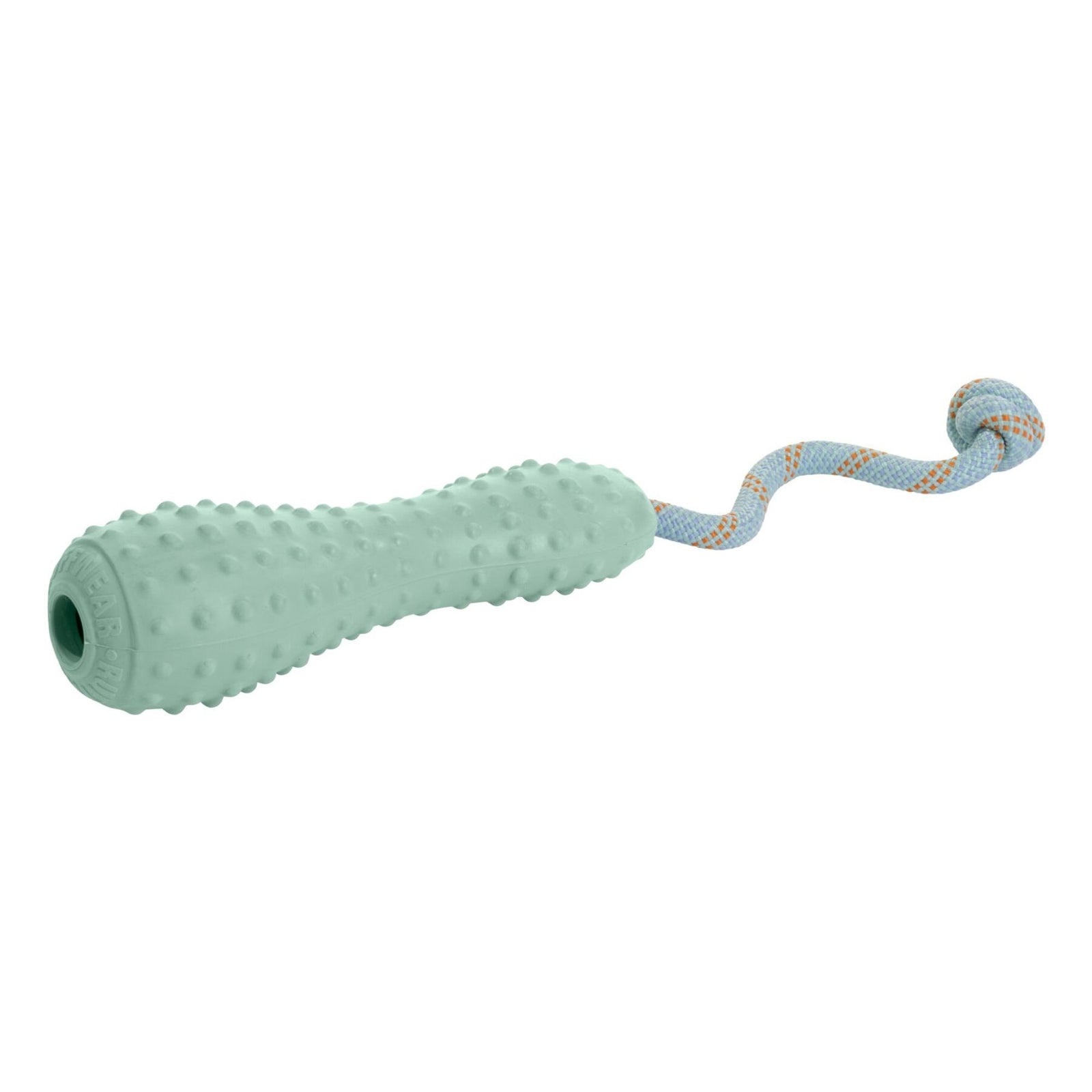 Ruffwear Gourdo dog toy in Sage Green, natural latex rubber fetch and tug toy with textured gum-massaging surface and kernmantle rope handle, shown on white background
