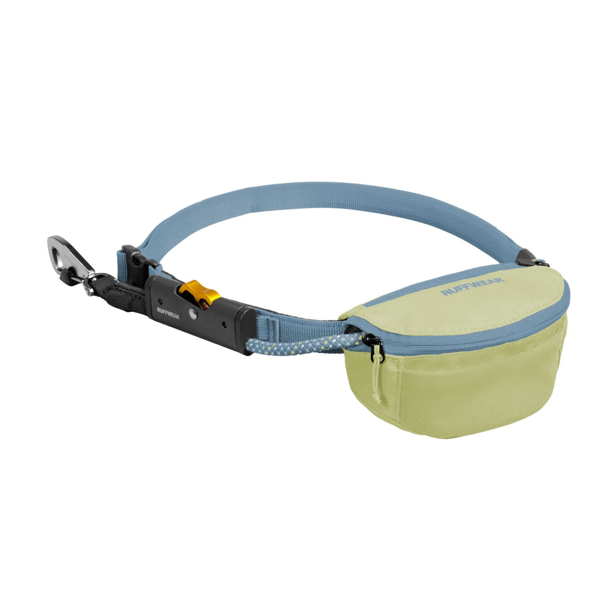 Ruffwear Hitch Hiker Dog Lead in Sunny Lime showing the stow bag, adjustable strap, HitchLock rope adjuster, and Crux Clip on a white background