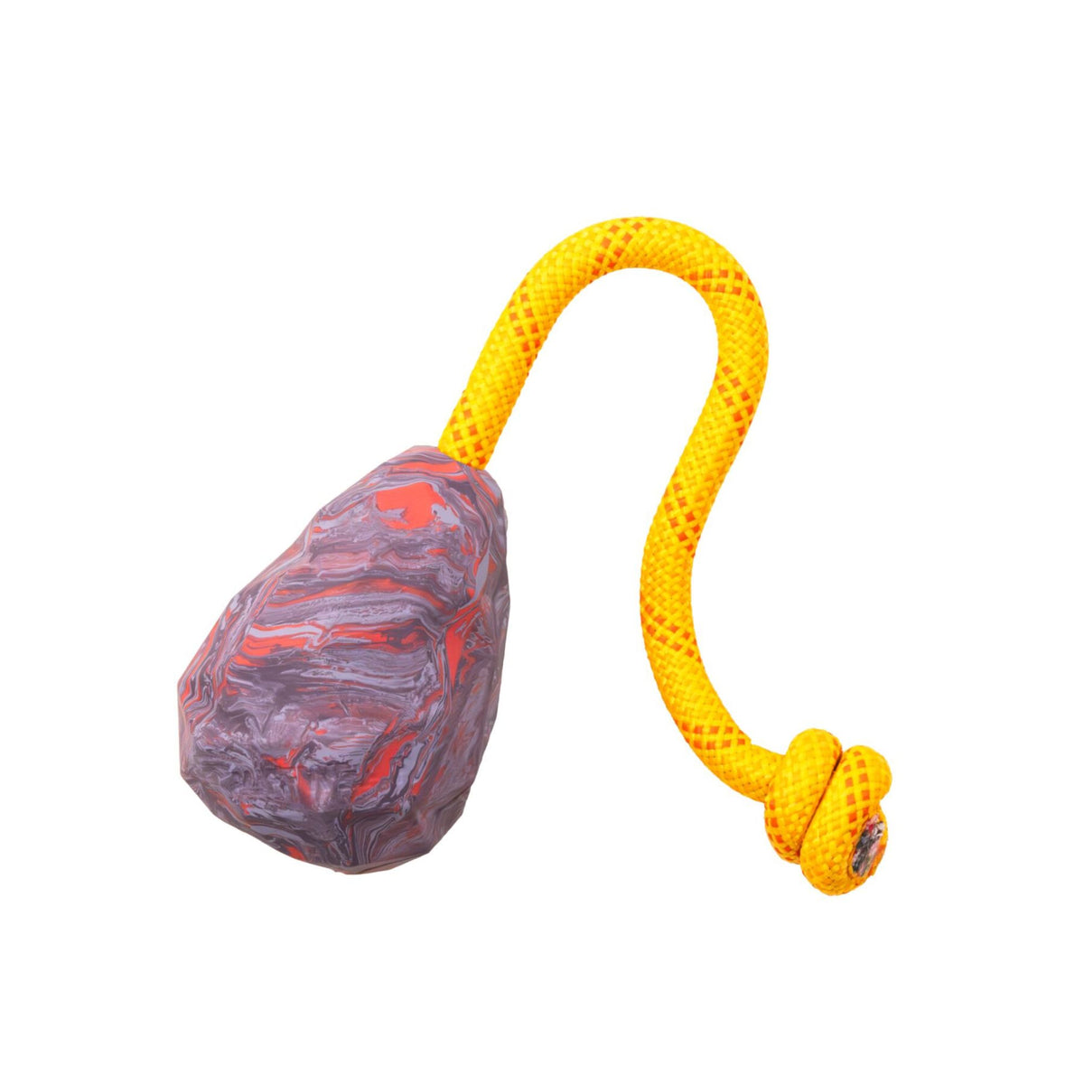 Ruffwear Huck-a-Cone dog toy in Purple Orchid - faceted purple natural latex rubber cone with bright yellow kernmantle rope handle, knotted end detail, on white background