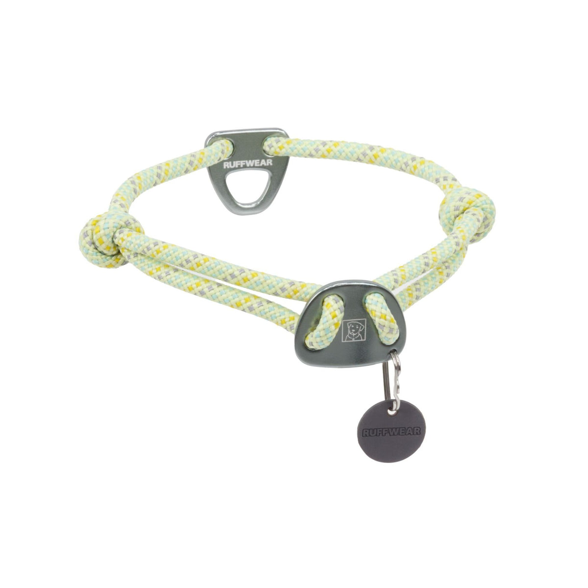 Ruffwear Knot-a-Collar dog collar in Moss Green, showing aluminium V-ring, belay plate, fisherman's knots and silicone tag silencer on white background