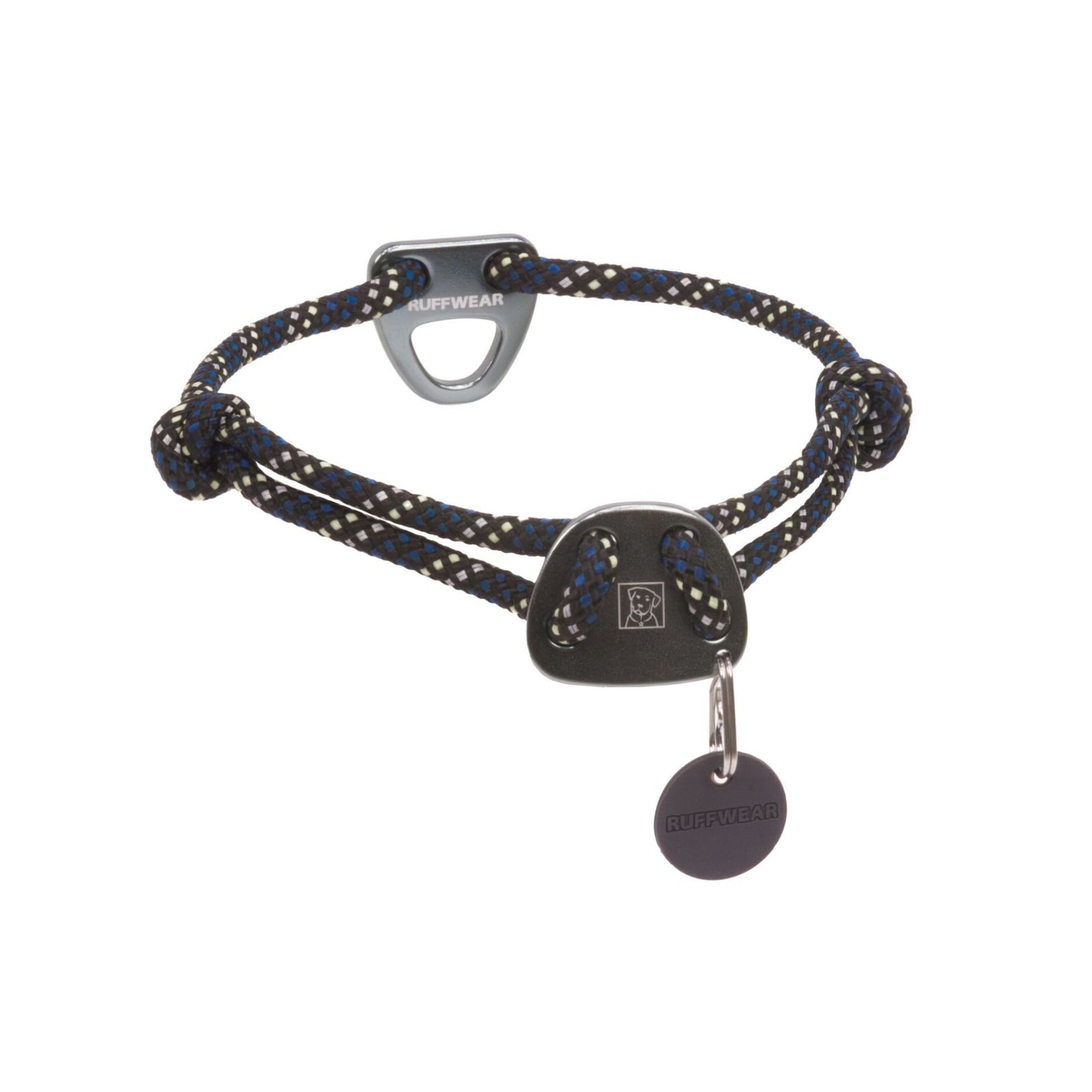 Ruffwear Knot-a-Collar dog collar in Blue Pool, showing aluminium V-ring, belay plate, fisherman's knots and silicone tag silencer on white background