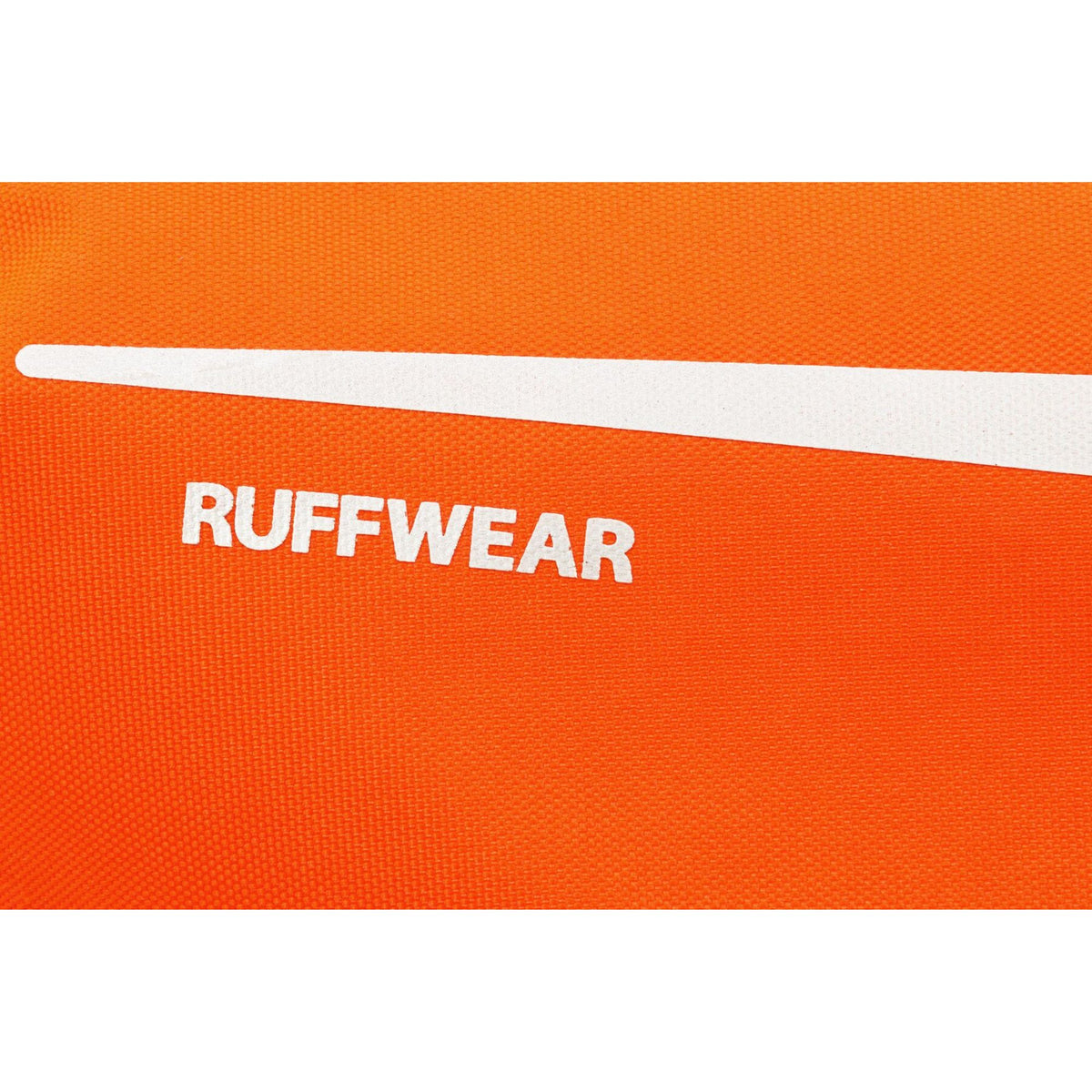 Ruffwear Lumenglow High-Vis Vest Blaze Orange shell fabric detail showing Ruffwear branding and weather-resistant 600 denier construction