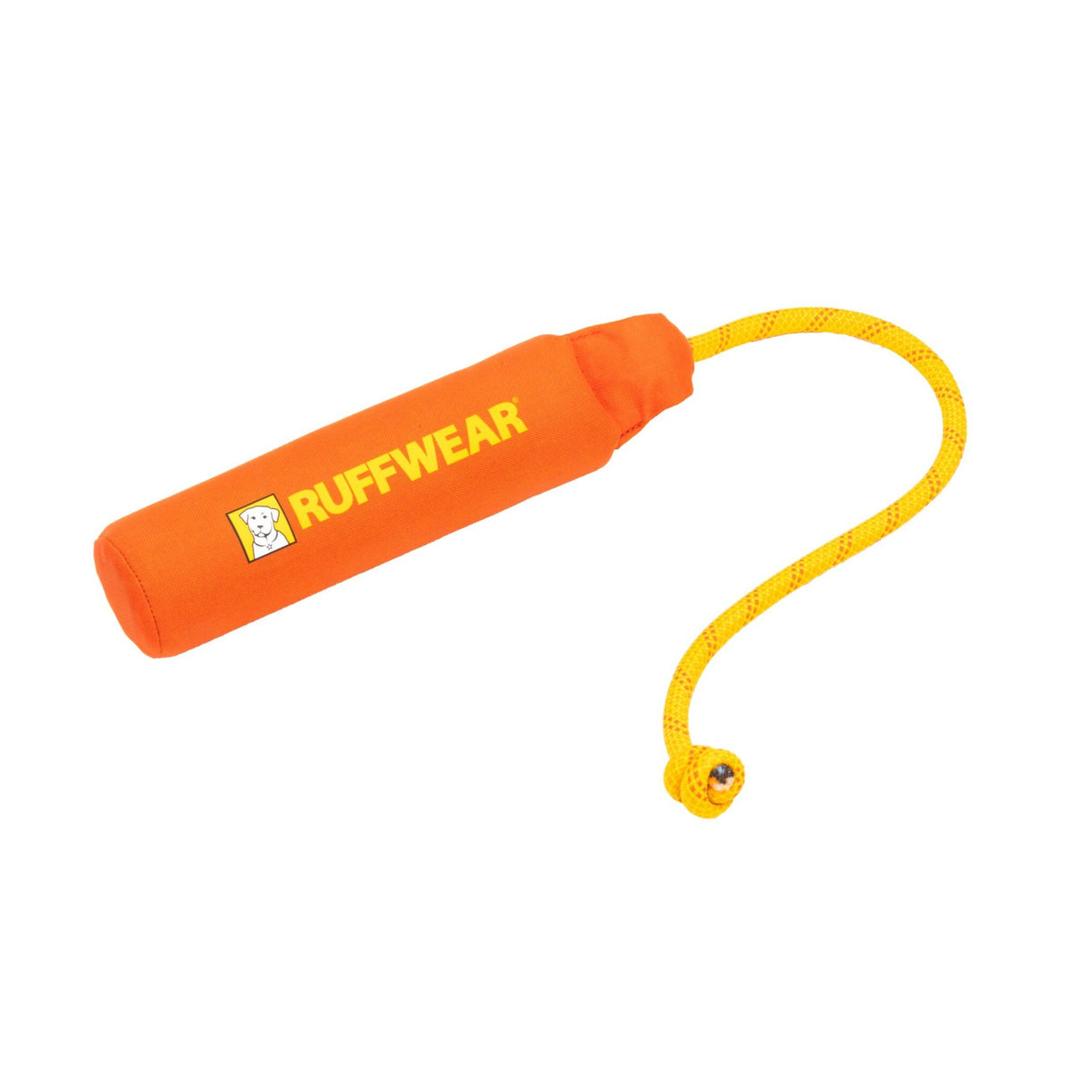 Ruffwear Lunker floating fetch toy in Tangelo Orange - soft burnt orange cylindrical foam body with yellow kernmantle rope handle and Ruffwear logo, on white background