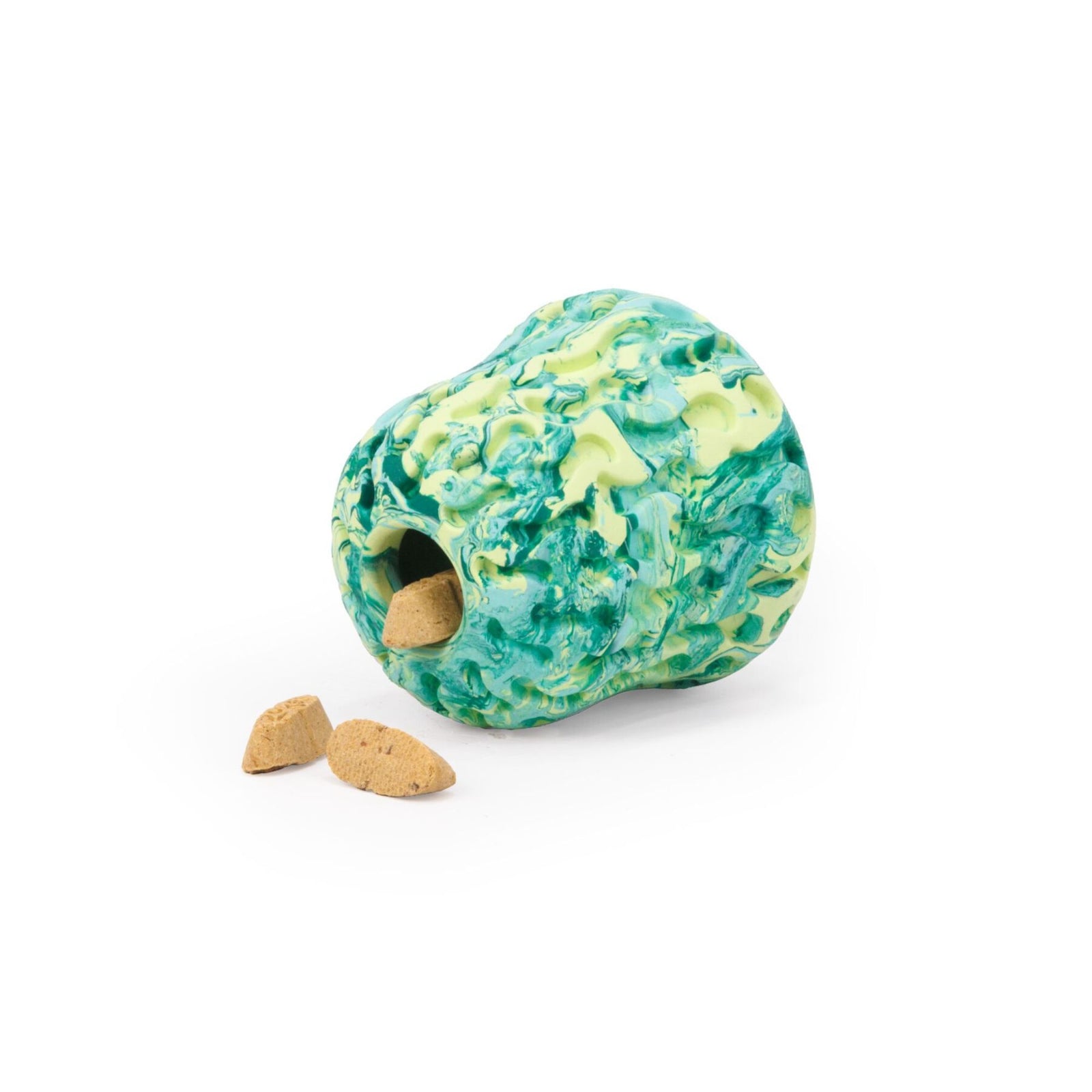 Ruffwear Morel dog enrichment toy in Moss Green tipped on its side with large dog biscuits spilling from the internal chamber, white background