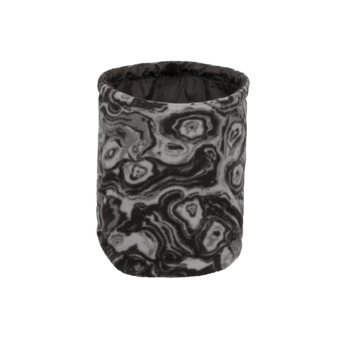 Ruffwear Mt. Hoodie Warming Neck Gaiter for dogs in Basalt Gray - fleece side facing out, showing the swirling stone-pattern print in dark and pale grey.
