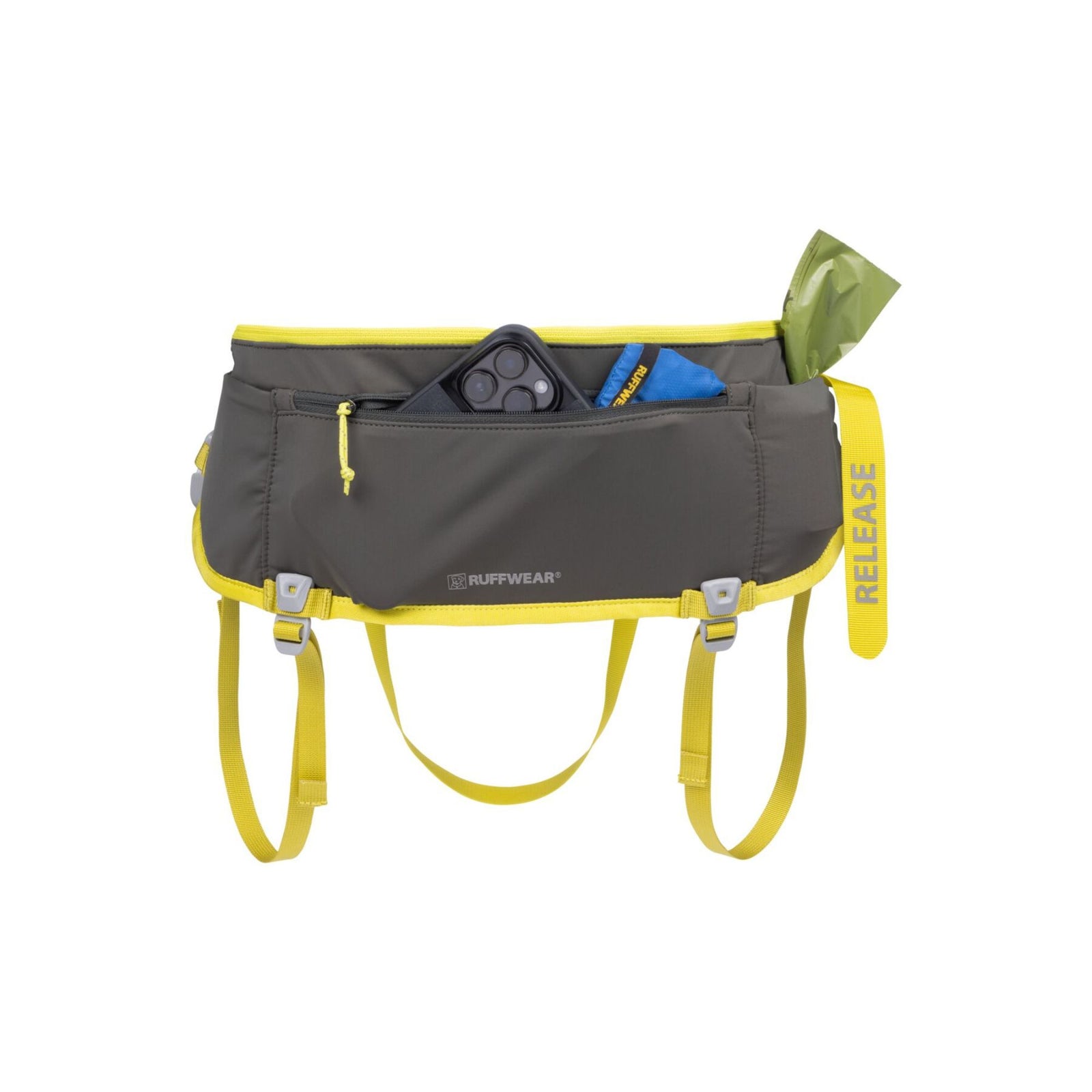 Ruffwear Omnijore joring system hip belt in Lichen Green with yellow straps and shock-absorbing towline laid out on white background, showing leg loops and quick-release tow strap