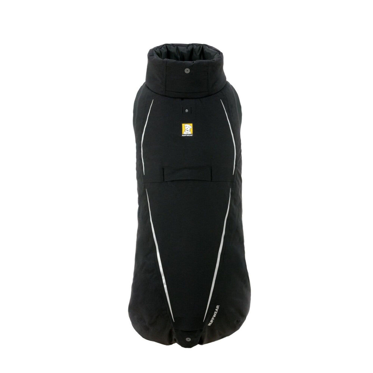 Ruffwear Powder Hound Waterproof Insulated Coverall in Obsidian Black - front-on flat lay showing the neck cinch, leash portal, reflective piping detail, Ruffwear hang tag, and tail cinch at the base.