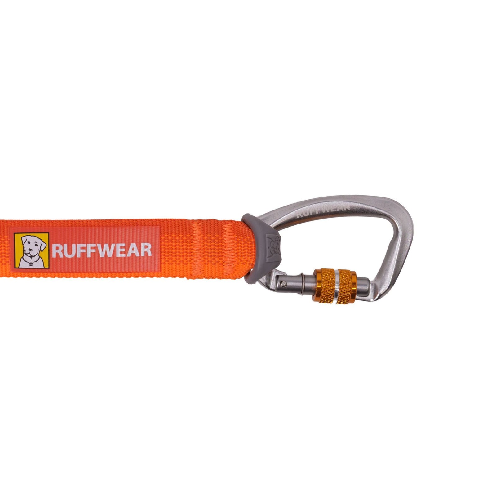 Close-up of the Ruffwear Rogue Long Line in Blaze Orange showing the anodized aluminium screwgate carabiner with orange locking collar, attached to the flat Tubelok webbing with Ruffwear logo