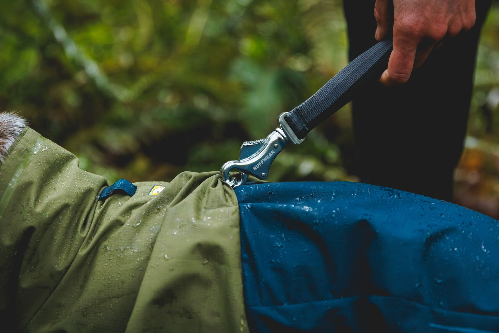 Close-up of Ruffwear Sun Shower Coverall harness area detail with lead