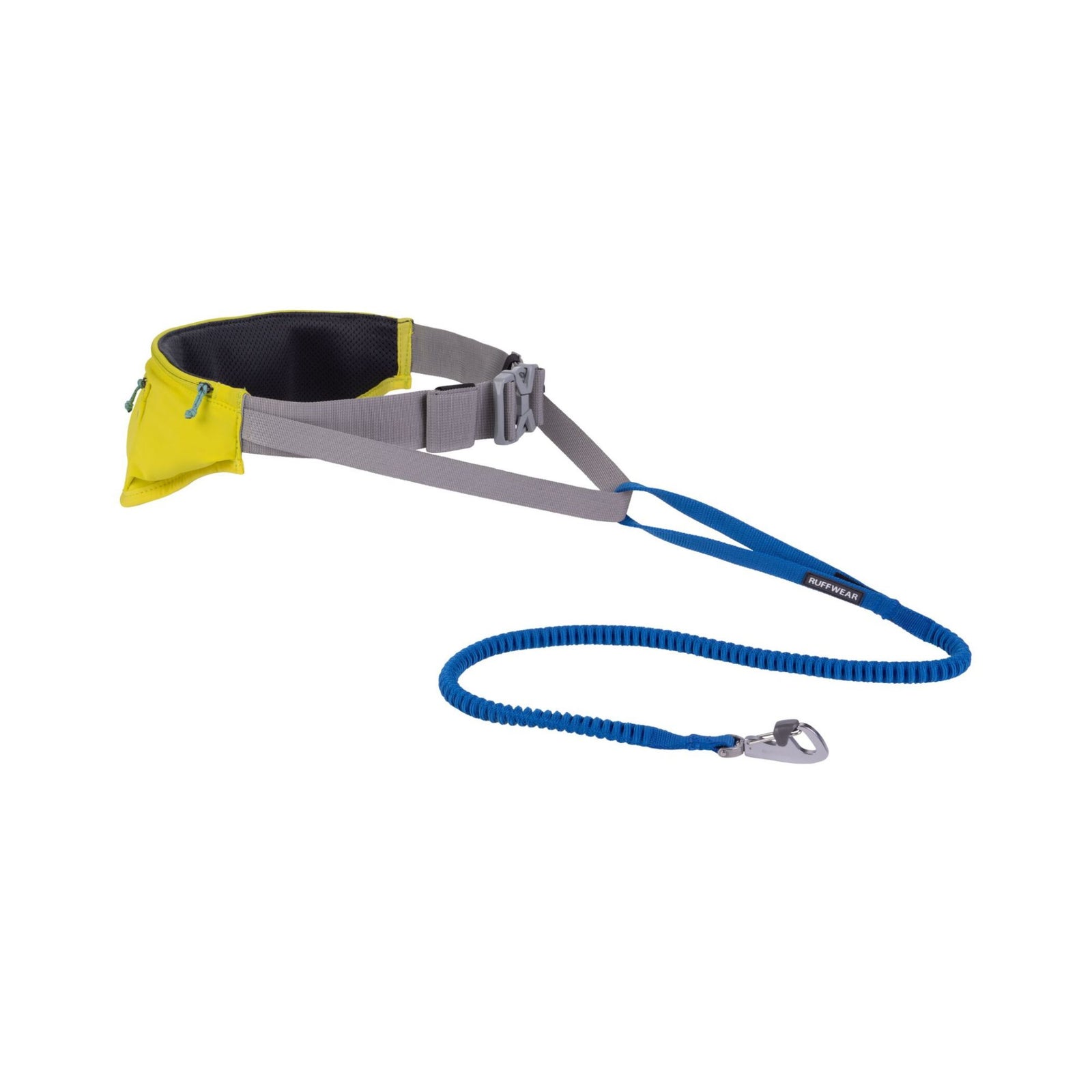 Ruffwear Trail Runner Belt in Lichen Green with the blue Ruffwear Trail Runner Leash attached via the leash strap, against a white background showing the side-release buckle attachment point, shock-absorbing bungee section, and trigger snap clip