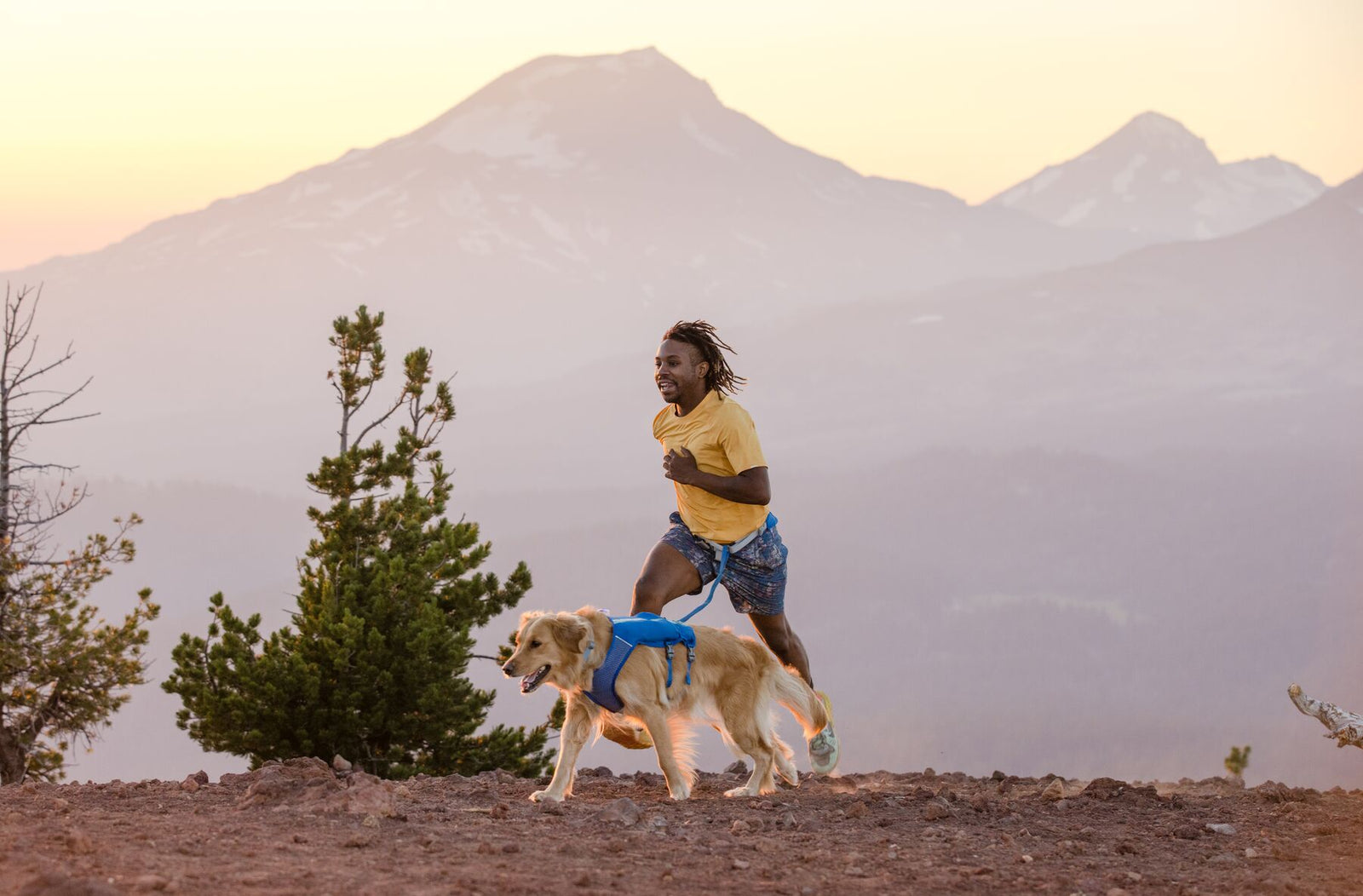 Man running with a golden dog wearing a blue Ruffwear Trail Runner Vest along a mountain ridge at golden hour, connected by a blue Trail Runner Leash attached to his belt, layered mountain peaks and warm hazy sky behind them
