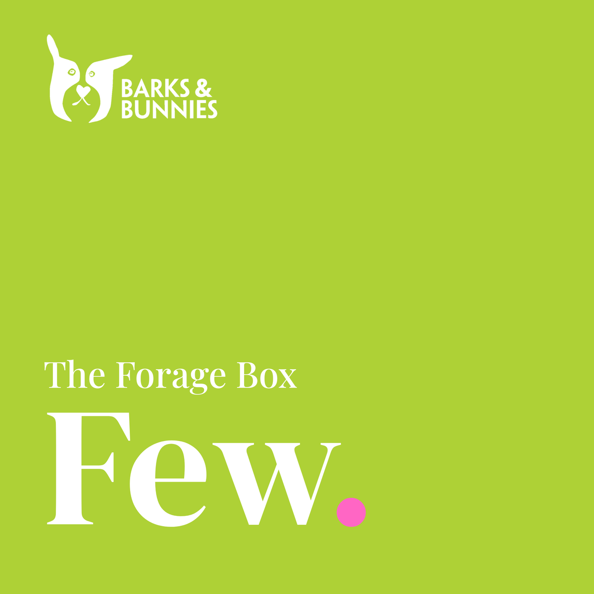 The Forage Box - Few. A rabbit subscription box from Barks &amp; Bunnies. Vivid lime green background with white Barks &amp; Bunnies logo top left and white text reading The Forage Box, Few, with a small pink dot.